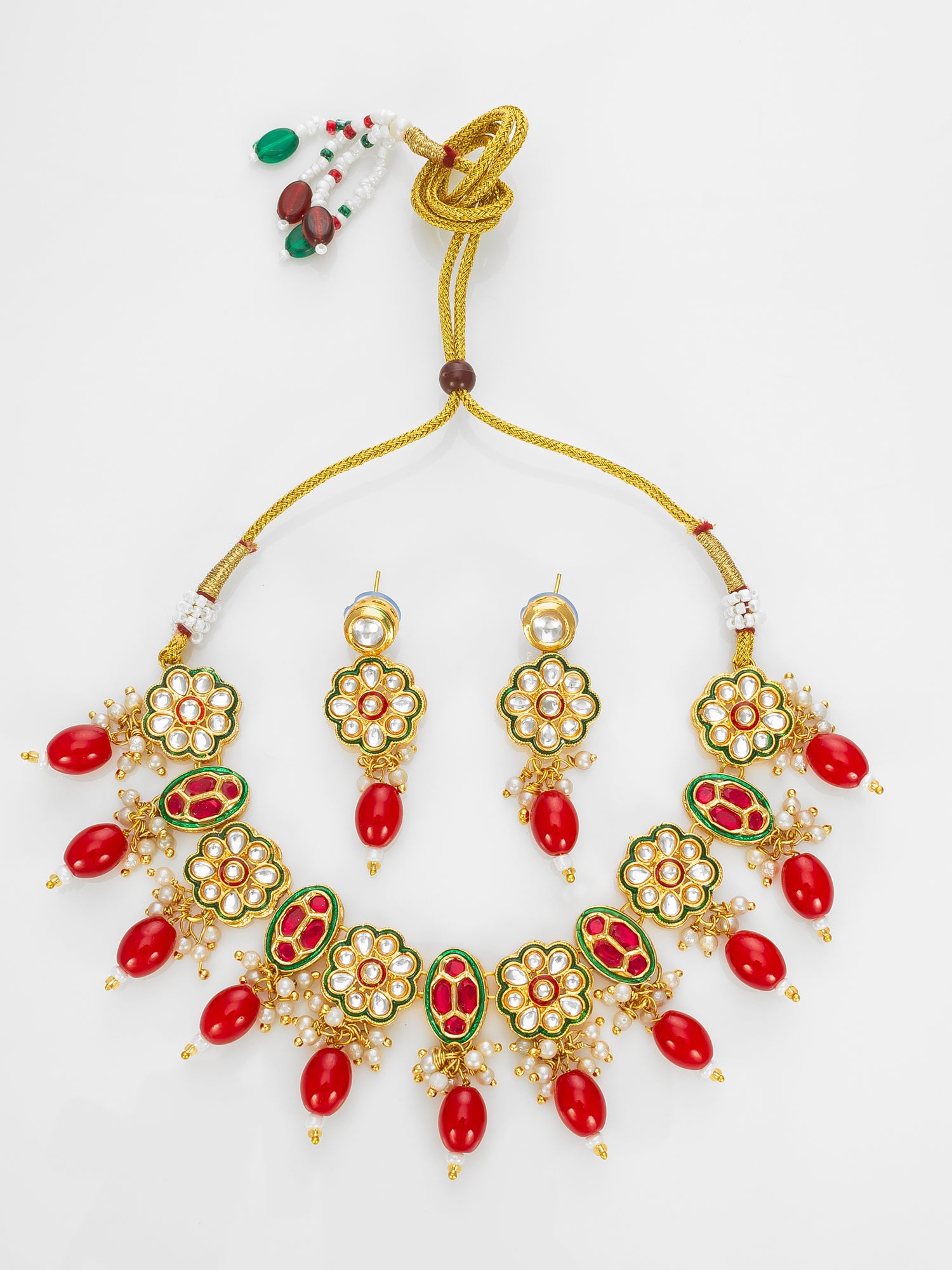Gold Plated Kundan Floral Necklace Set with Red Beads | Aadita Jewelry