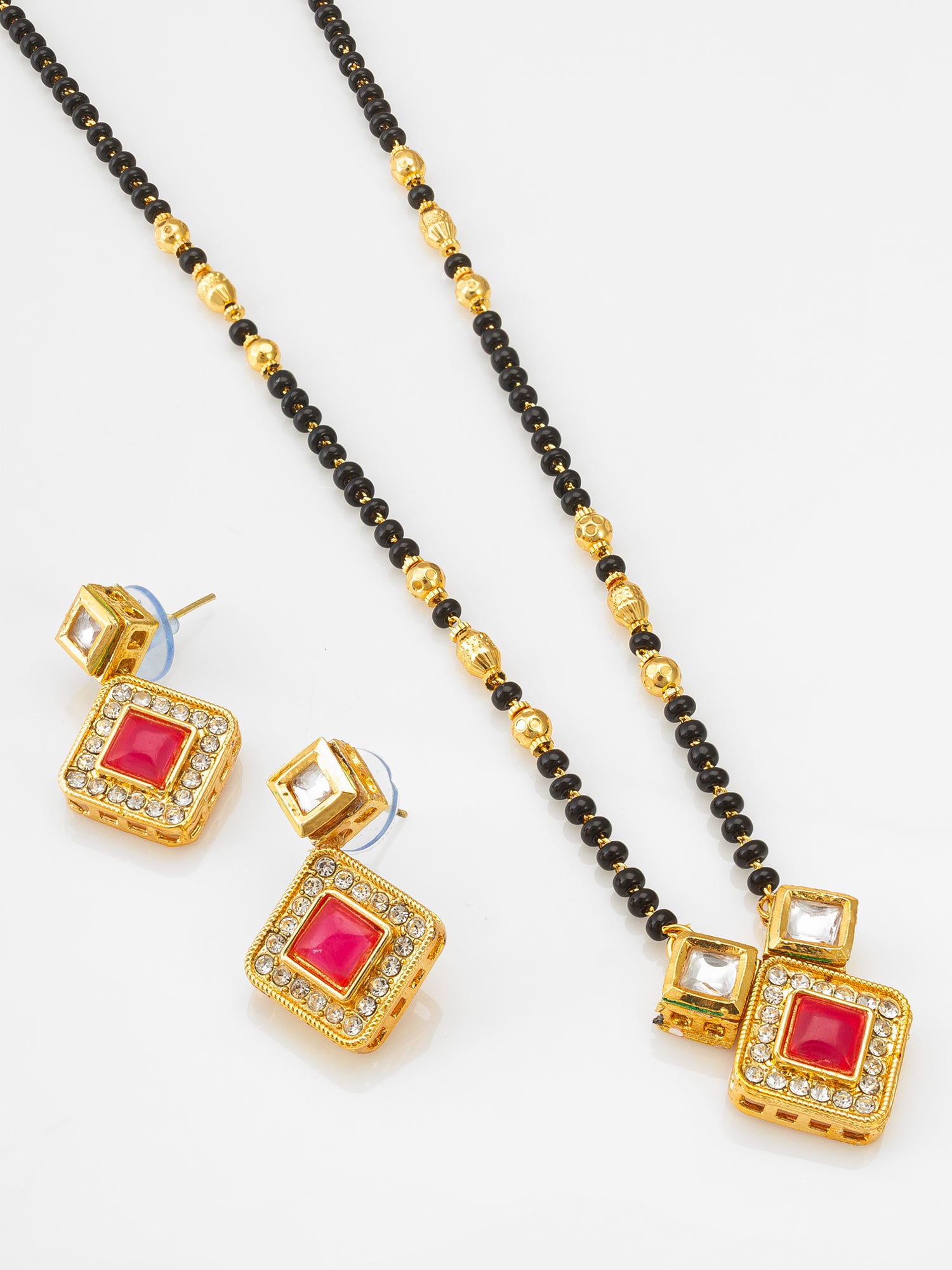 Kundan Mangalsutra Set with Pink Stone Square Pendant and Matching Earrings – View 2 | Aadita Jewelry