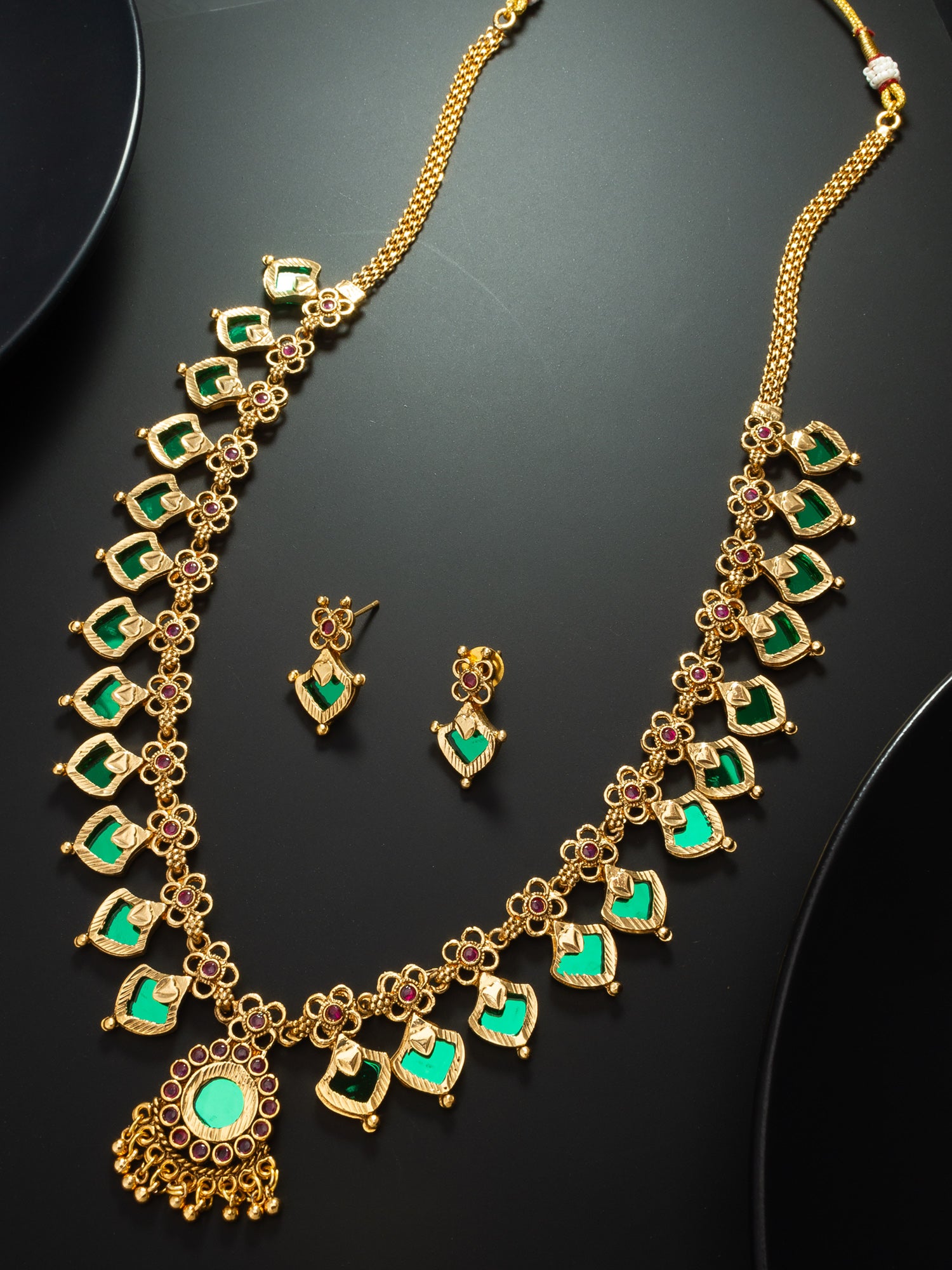Gold-Tone Green Stone Floral Necklace Set with Stud Earrings – View 5 | Aadita Jewelry