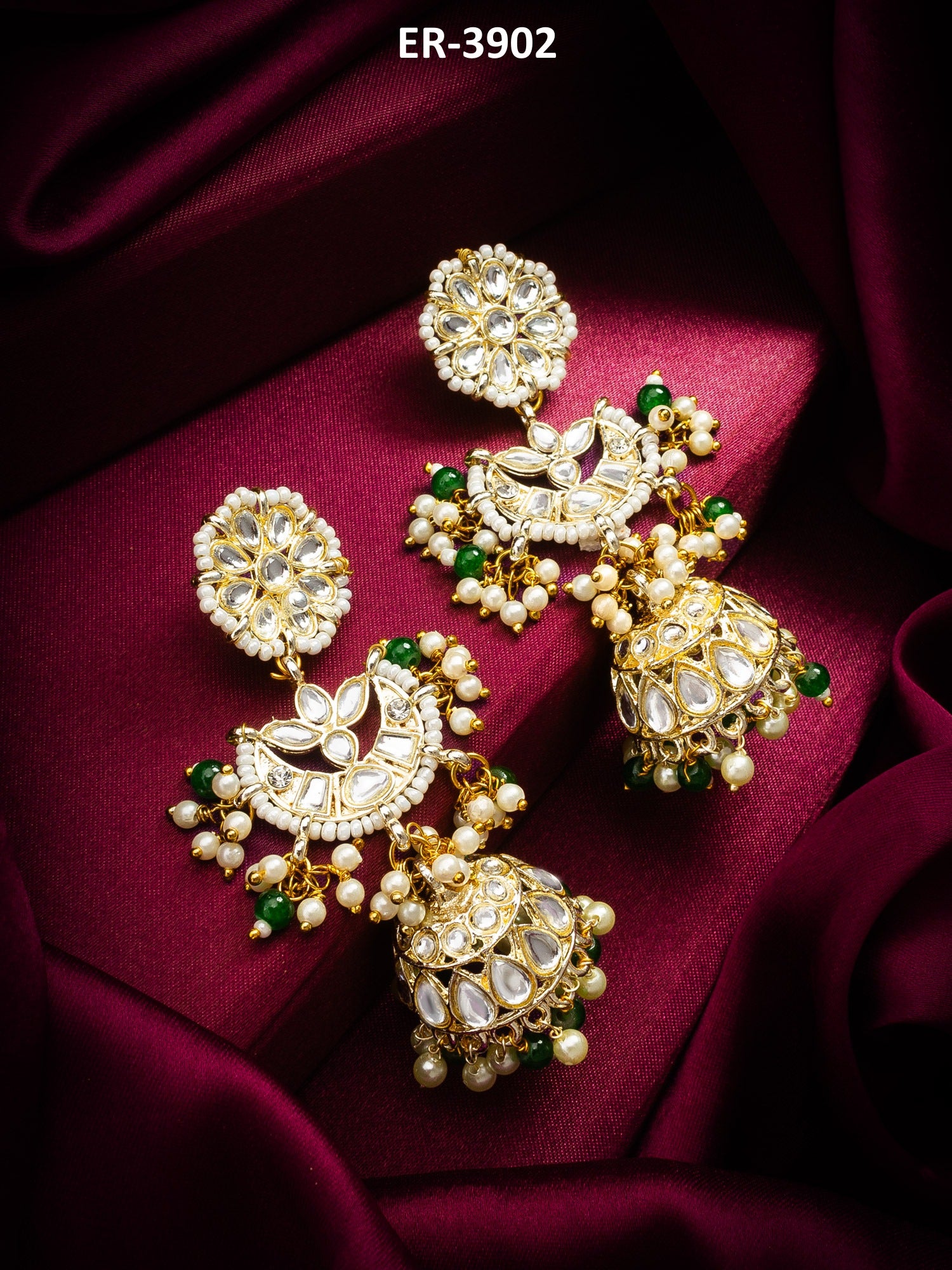 Traditional Kundan Green Bead Pearl Jhumka Earrings – View 5 | Aadita Jewelry