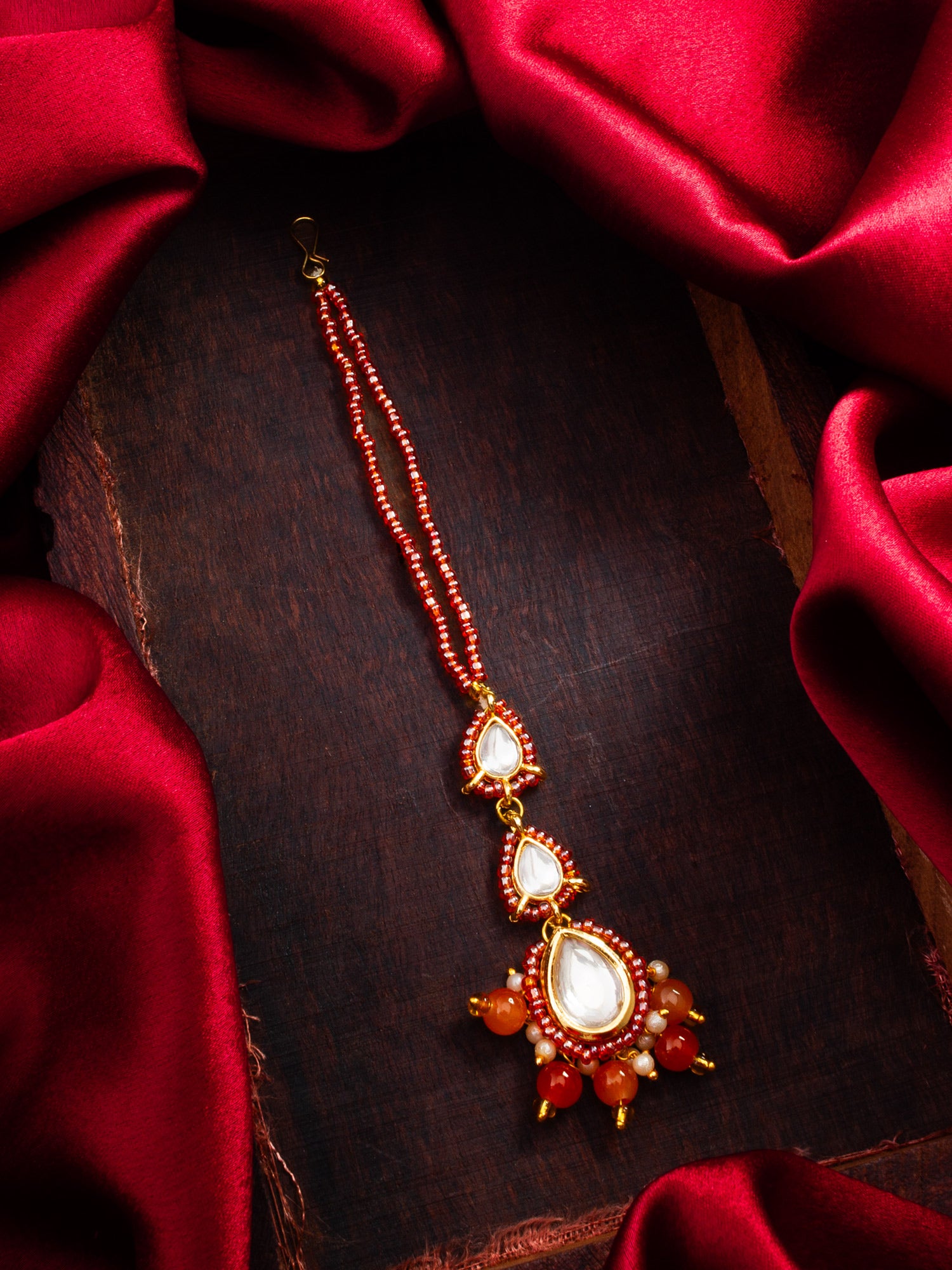 Gold Plated Kundan Pearl Maang Tikka with Orange Beads for Women & Girls – View 5 | Aadita Jewelry