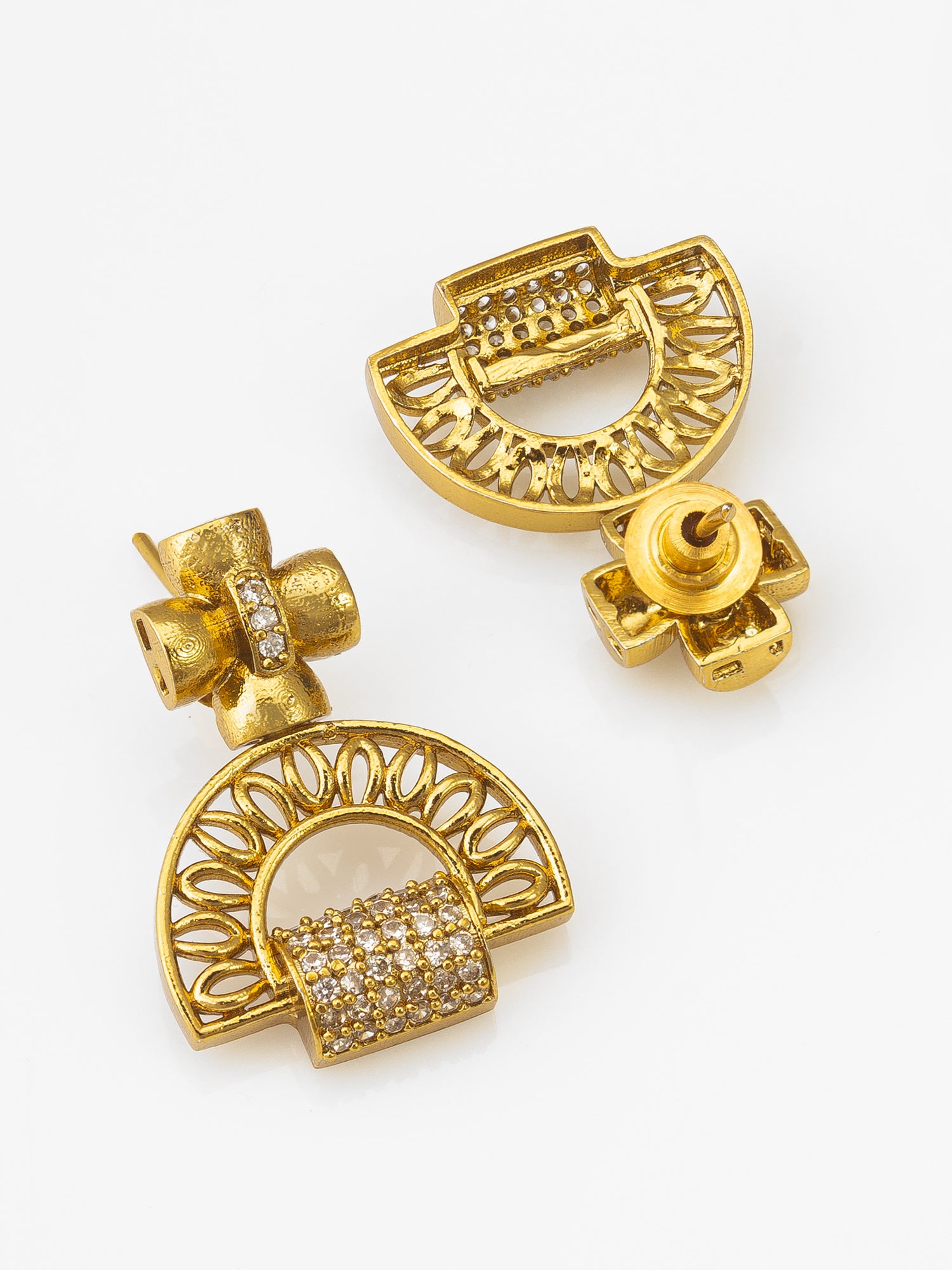 Gold-Plated AD Stone Half-Moon Arch Necklace Set with Geometric Stud Earrings – View 3 | Aadita Jewelry