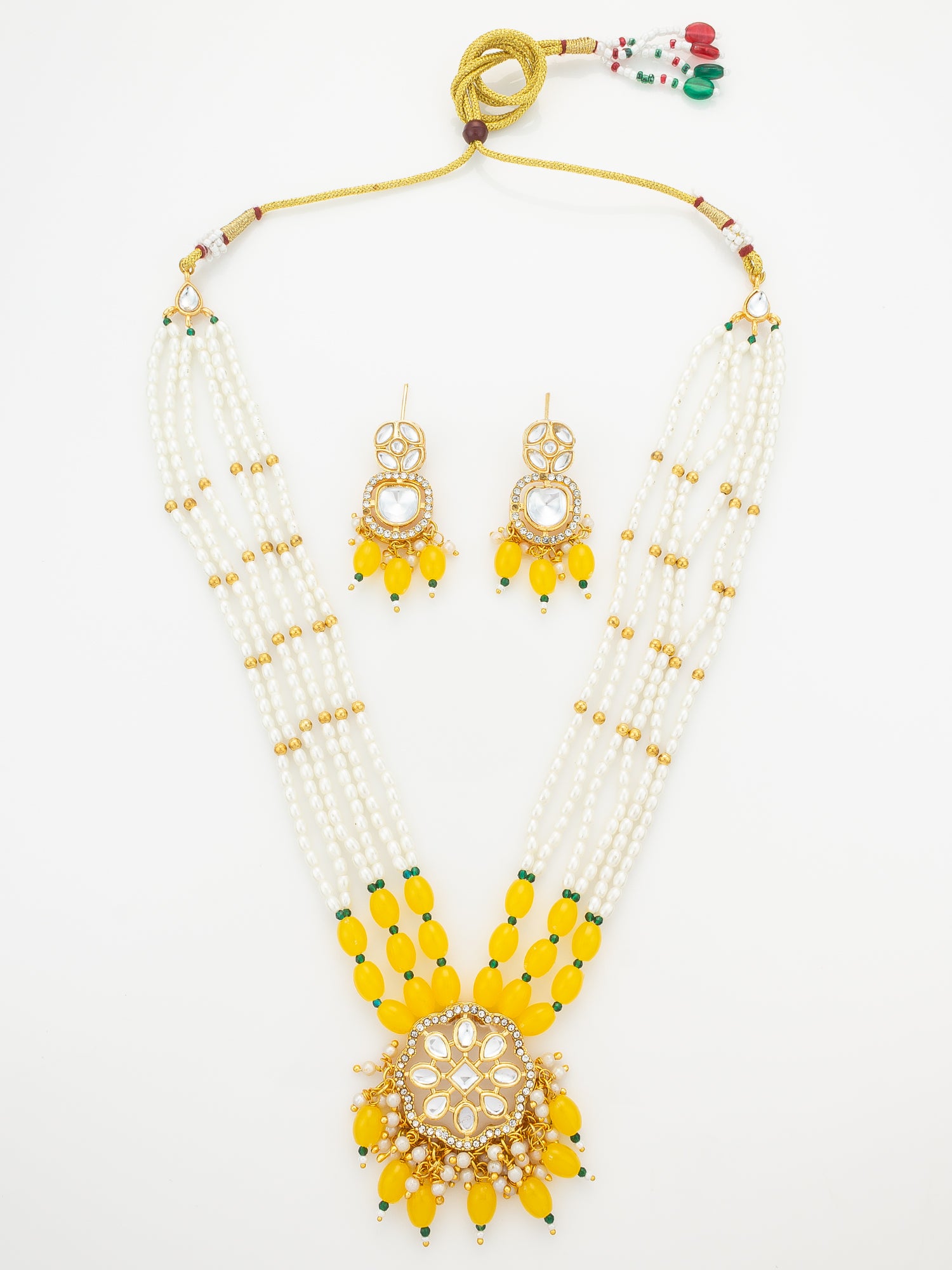 Aadita Yellow Beaded Kundan Long Necklace Set with Chandbali-Style Earrings | Aadita Jewelry