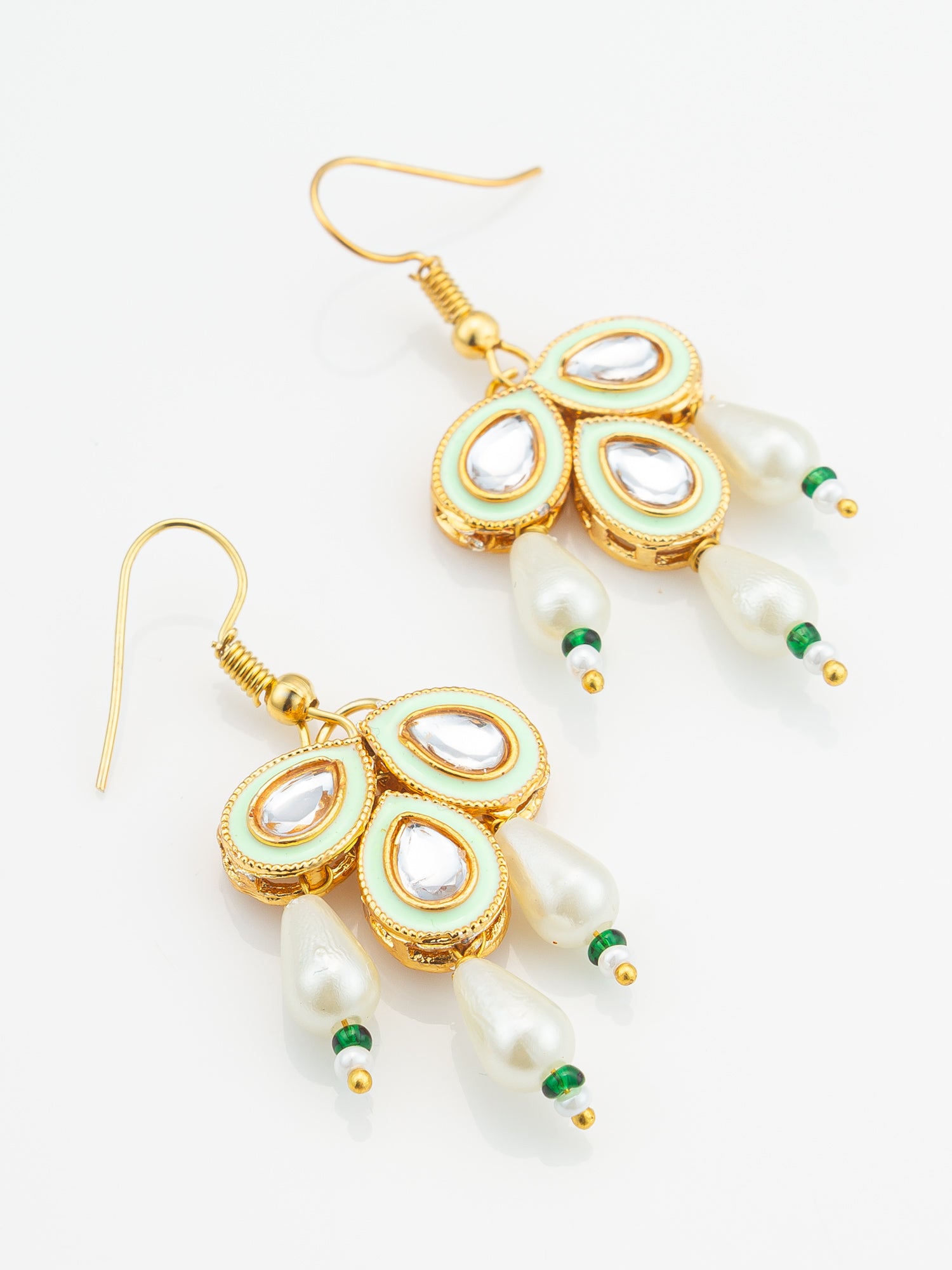 Mint Green Enamel Kundan Drop Earrings with Pearls – View 2 | Aadita Jewelry