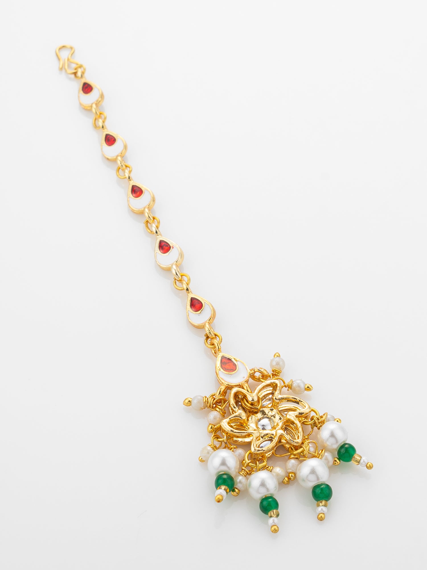 Aadita Gold Plated Teardrop Kundan Chain Mangtika with Flower Pendant and Green Pearl Drops – View 4 | Aadita Jewelry