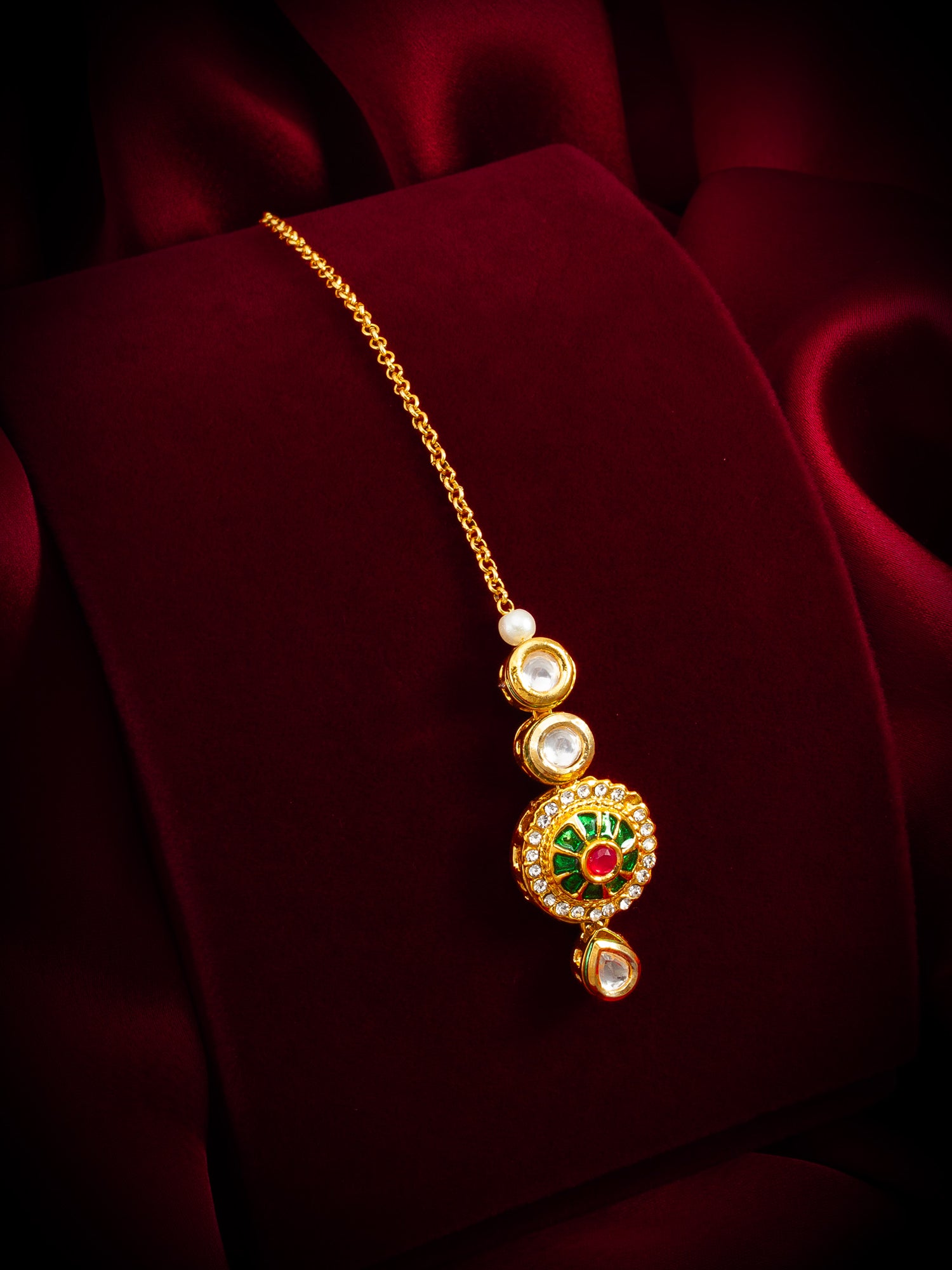 Gold-Tone Kundan Meenakari Maang Tikka with Crystal – View 5 | Aadita Jewelry