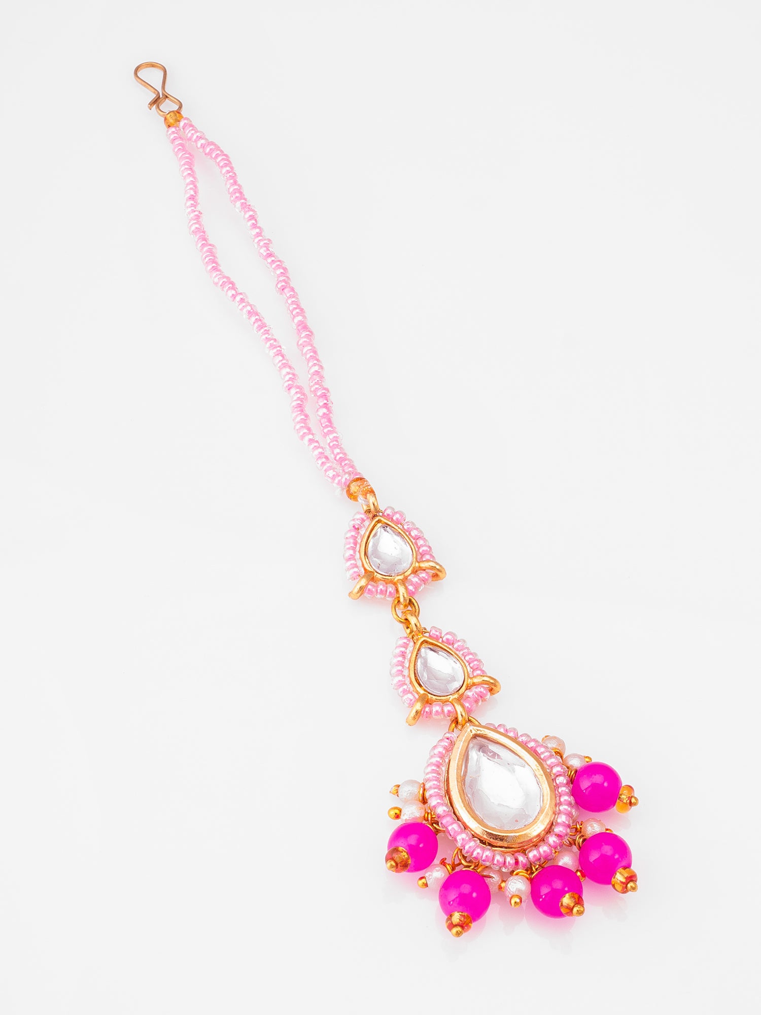 Pink Kundan Beaded Maang Tikka with Faux Pearl Drops | Aadita Jewelry