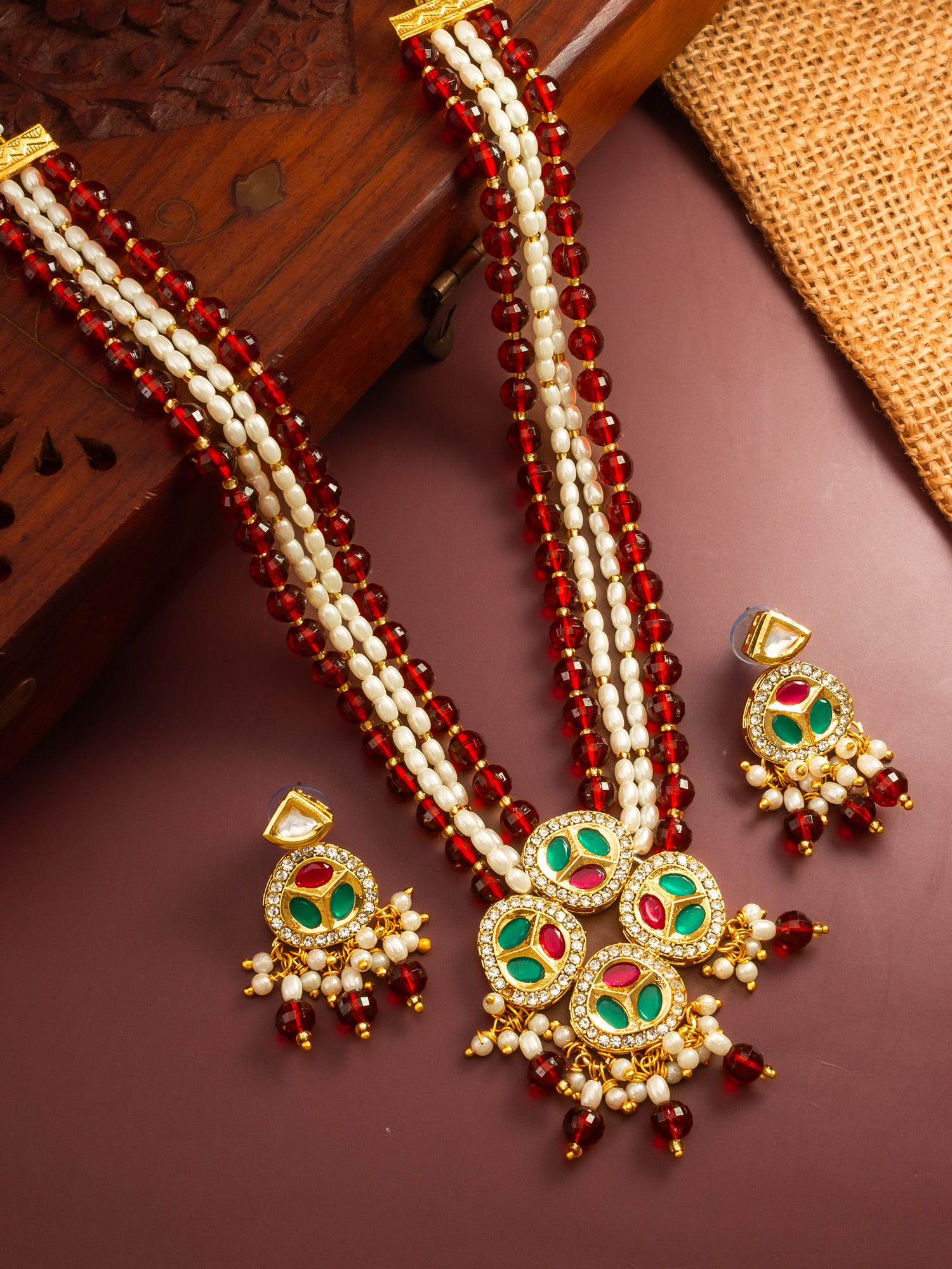 Ruby Red and Pearl Multi-Strand Kundan Long Necklace Set – View 5 | Aadita Jewelry