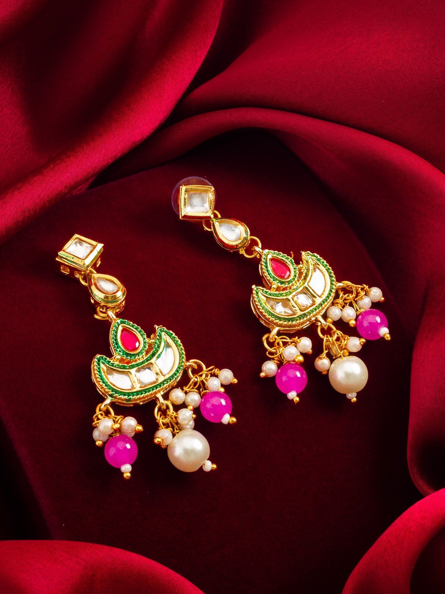 Gold-Tone Kundan Chandbali Earrings with Bead Drops – View 4 | Aadita Jewelry