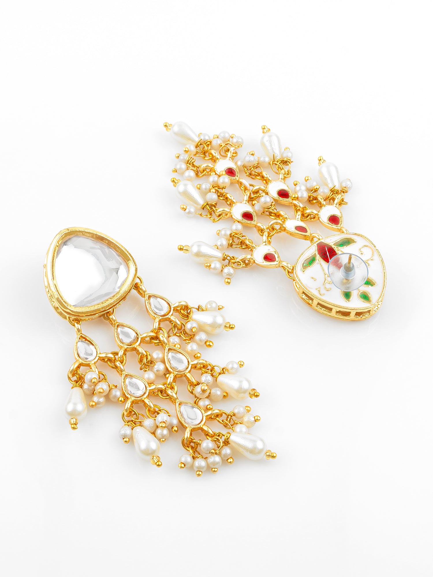 Gold Plated White Kundan Chandbali Earrings with Pearl Drops for Traditional Wear – View 3 | Aadita Jewelry