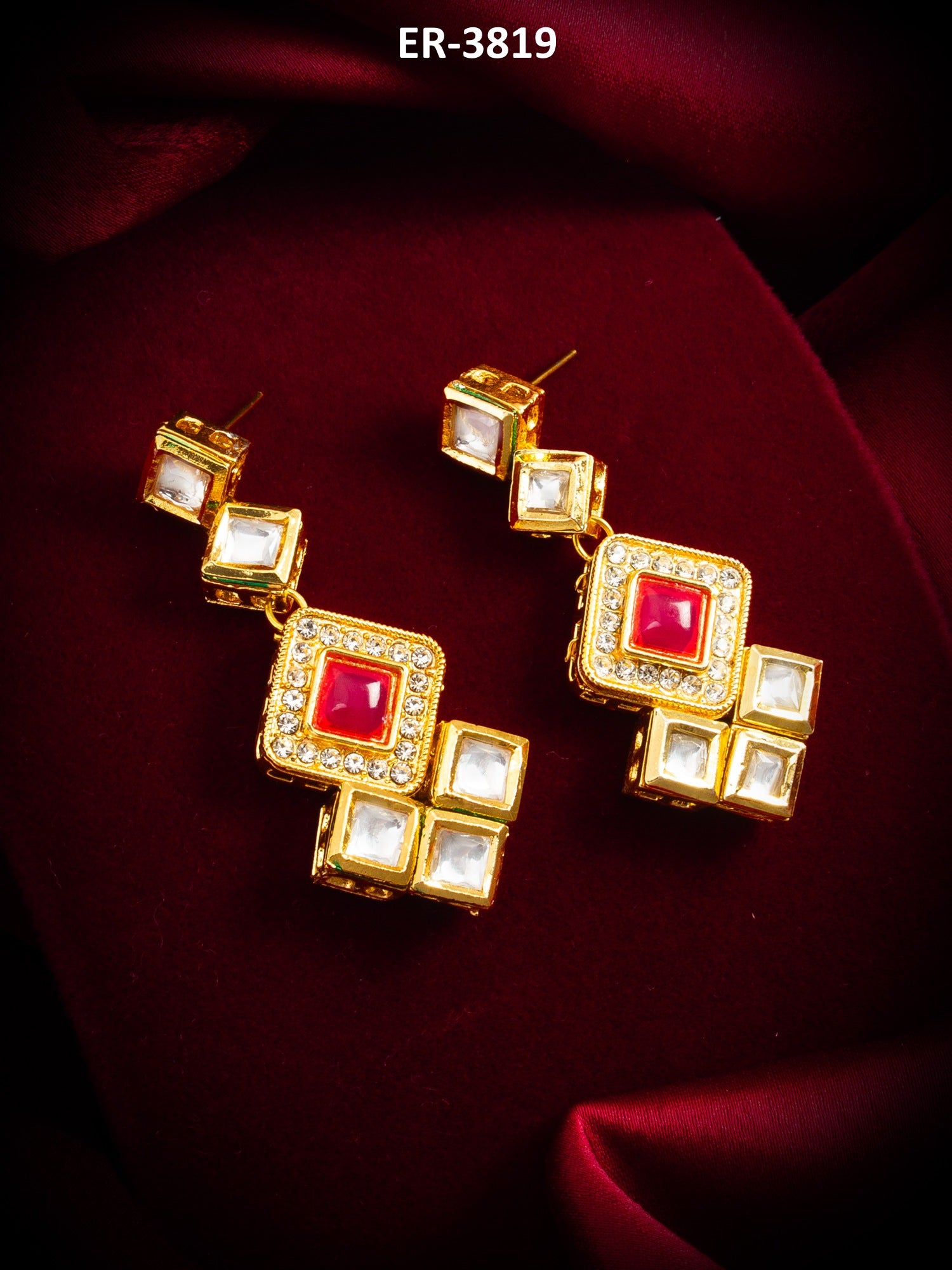 Gold-Plated Geometric Square Cascade Drop Earrings with Pink Stone – View 5 | Aadita Jewelry