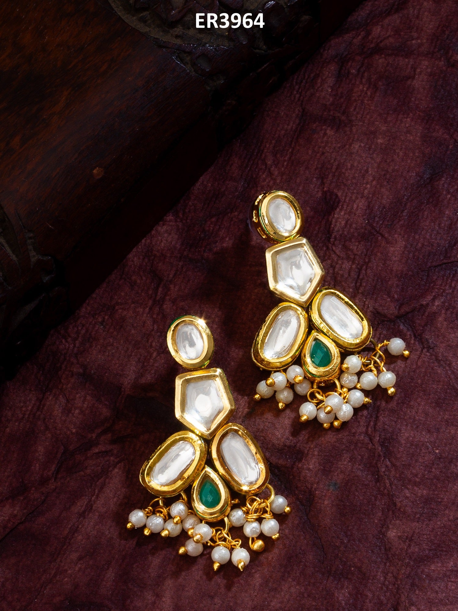 Gold-Plated Kundan Earrings with Green Stone and Pearl Drops – View 5 | Aadita Jewelry