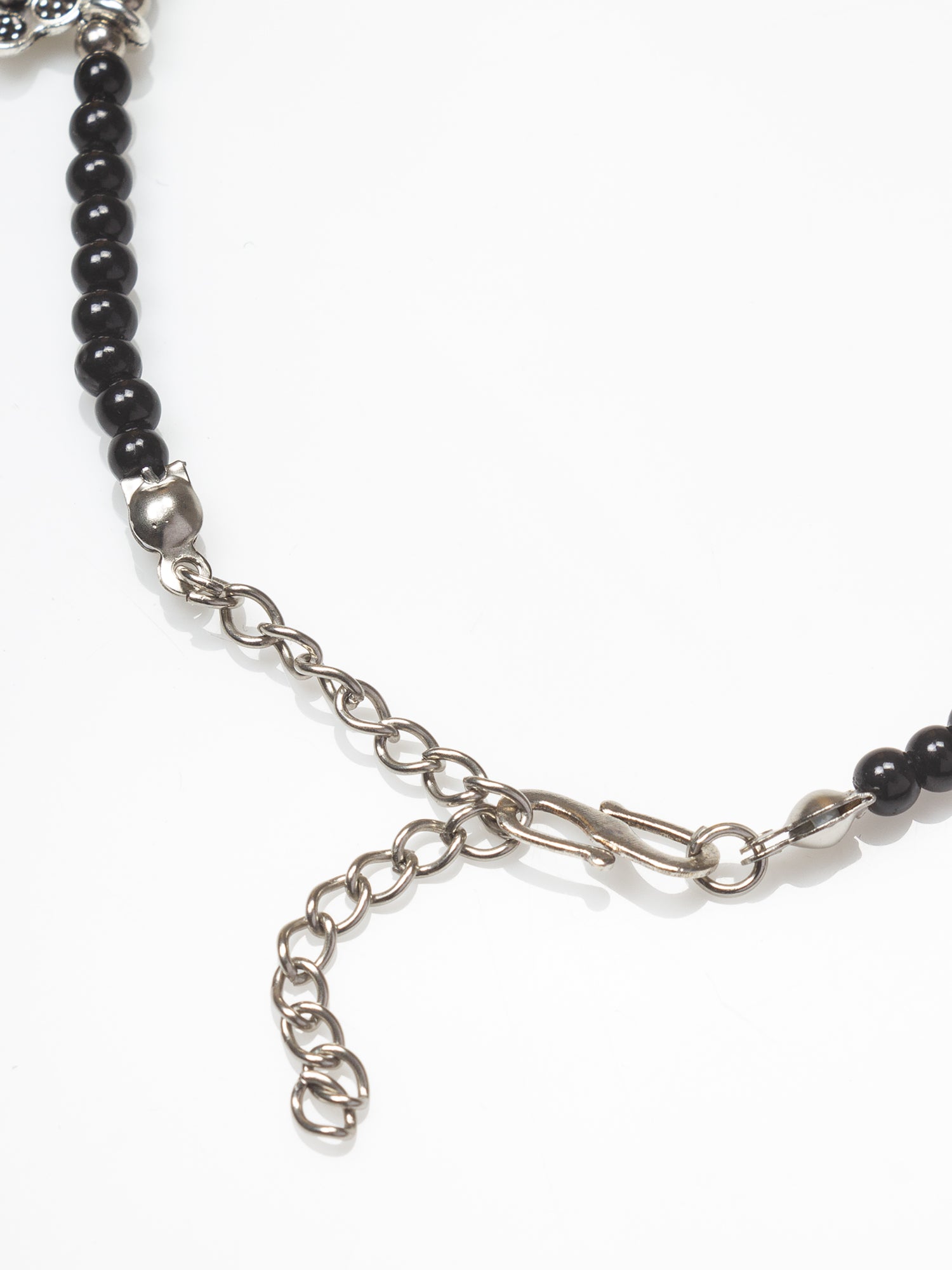 Black Beaded Oxidized Silver Floral Charm Anklet – View 3 | Aadita Jewelry
