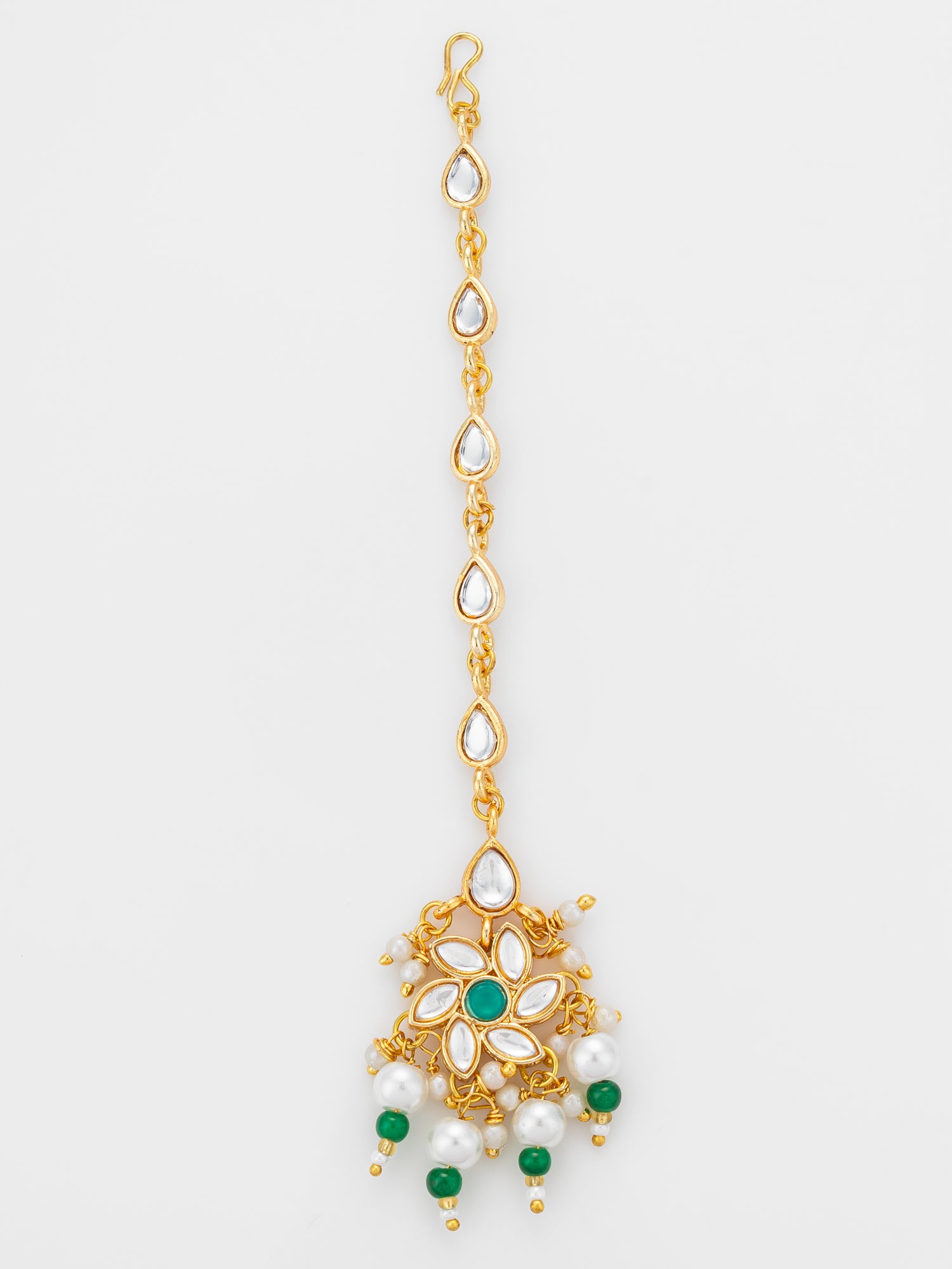 Aadita Gold Plated Teardrop Kundan Chain Mangtika with Flower Pendant and Green Pearl Drops | Aadita Jewelry