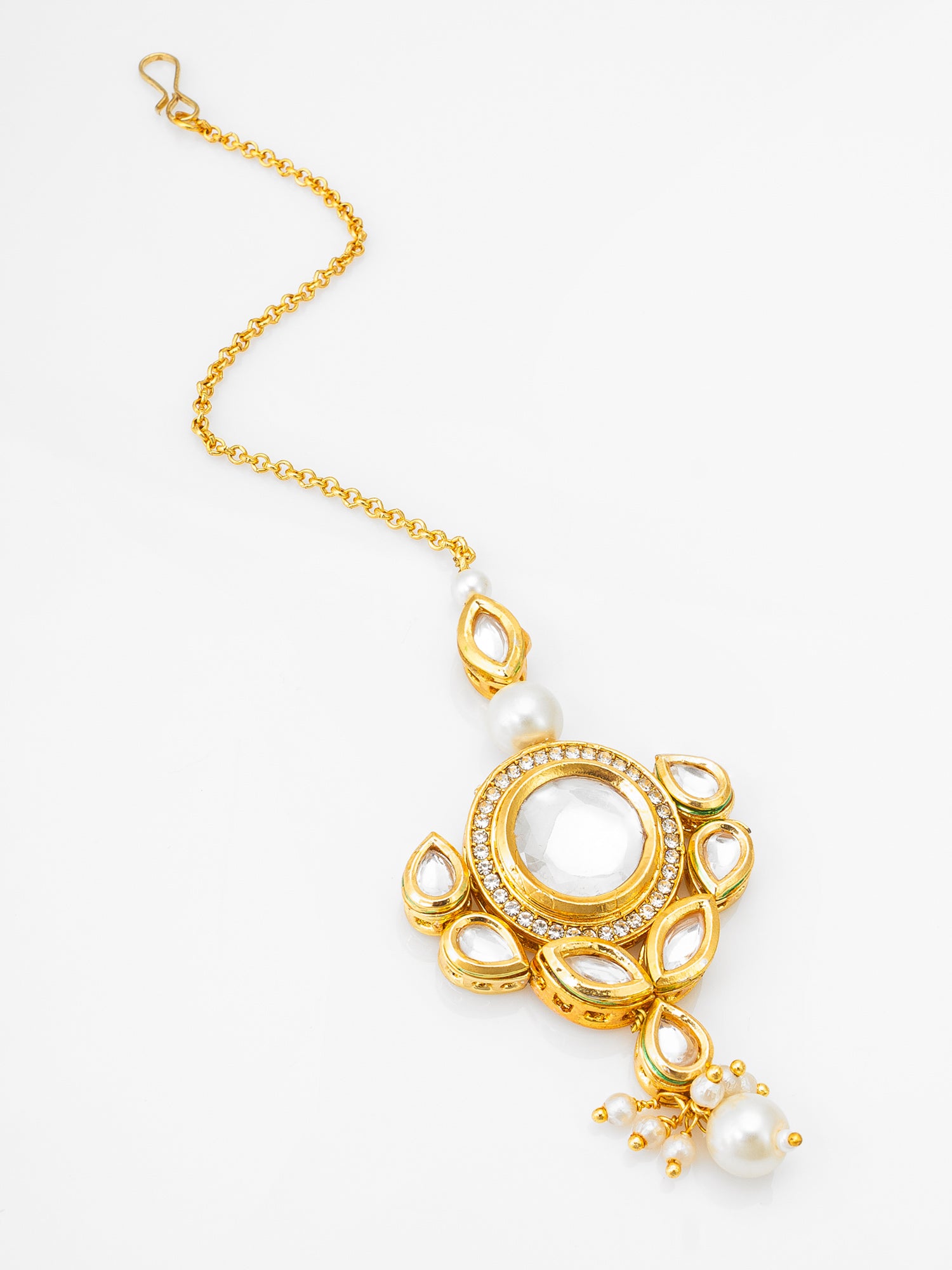 Gold-Plated Kundan Maang Tikka with Stone and Pearl Cluster Drop | Aadita Jewelry