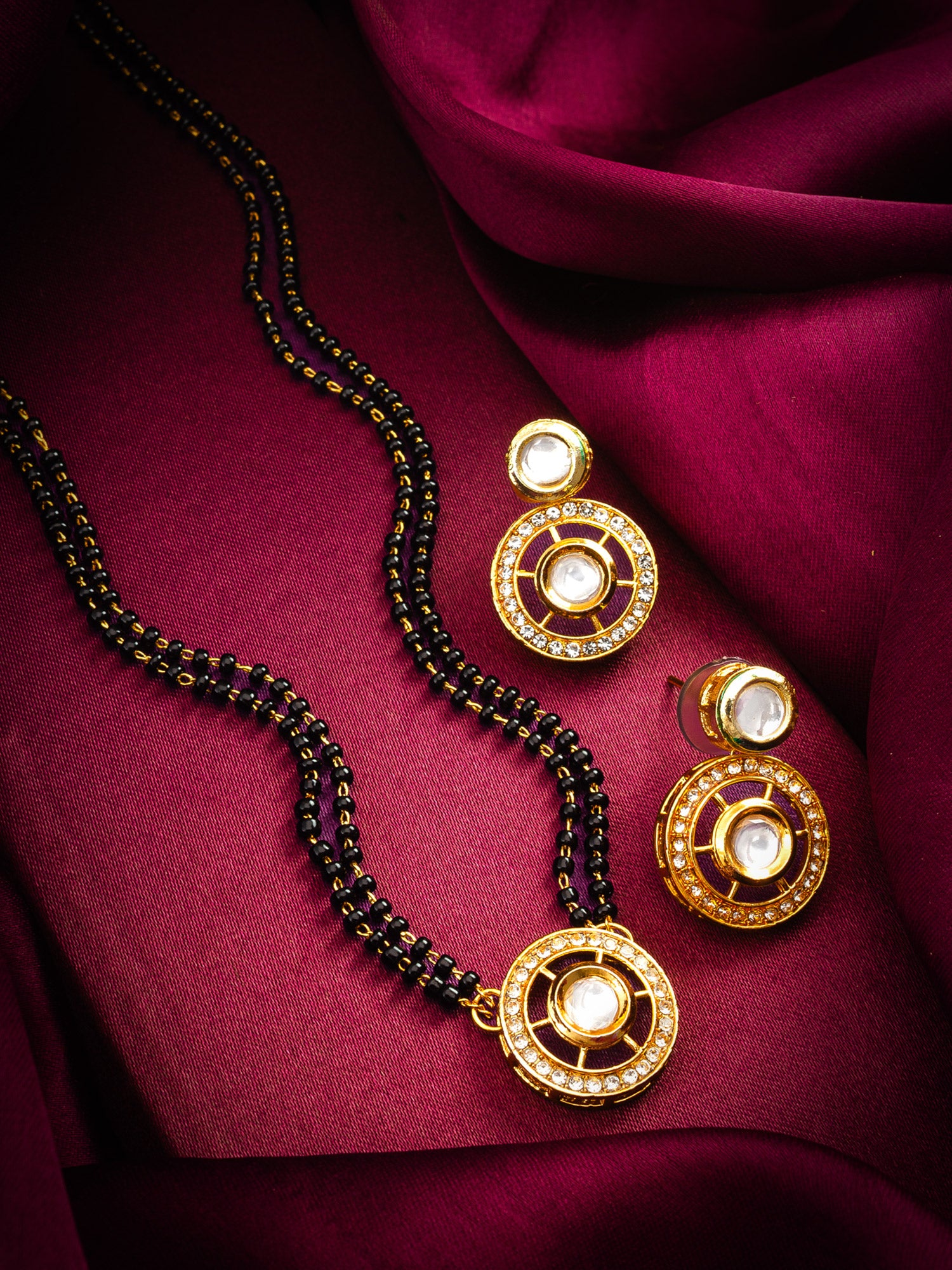 Round Kundan Pendant Mangalsutra with Earrings – View 5 | Aadita Jewelry