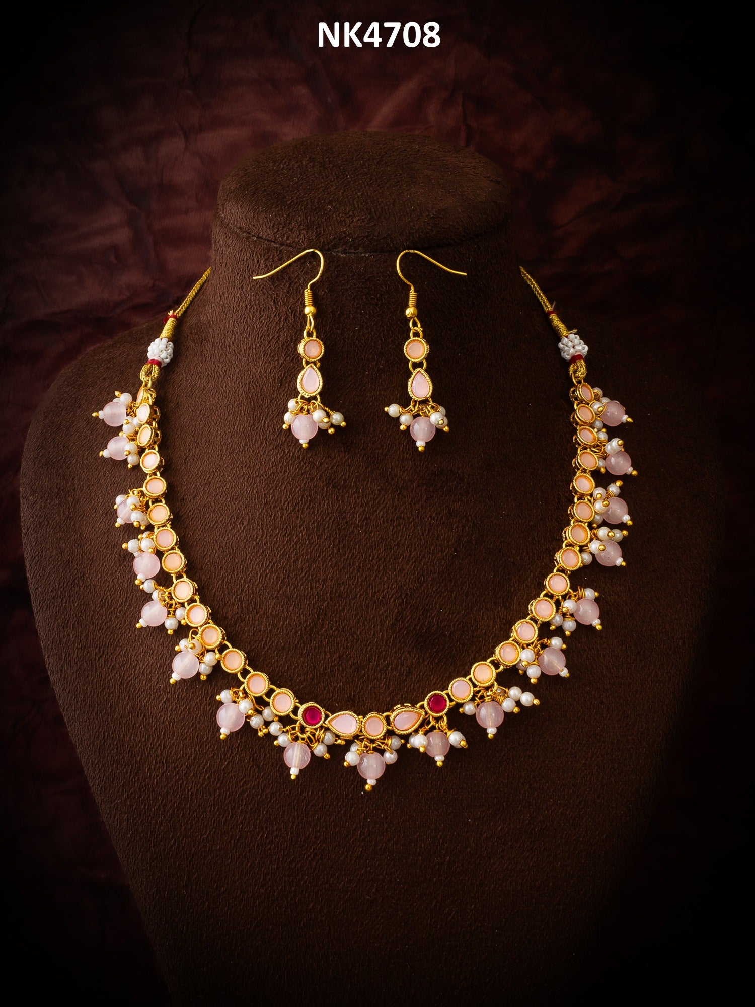 Gold Plated Peach Stone Choker Necklace Set with Earrings – View 5 | Aadita Jewelry