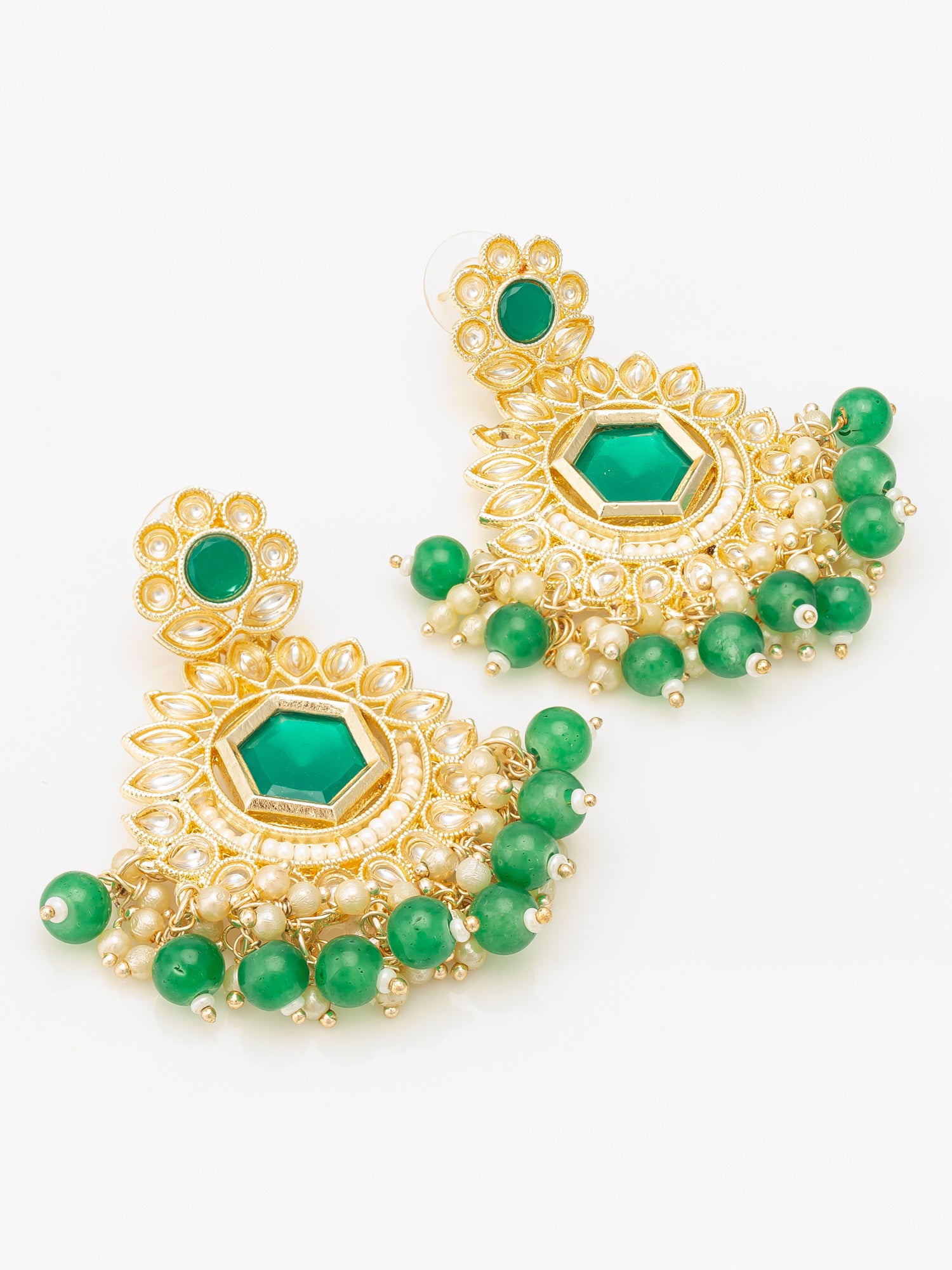 Aadita Green Kundan Chandelier Drop Earrings with Beaded Detailing – View 2 | Aadita Jewelry