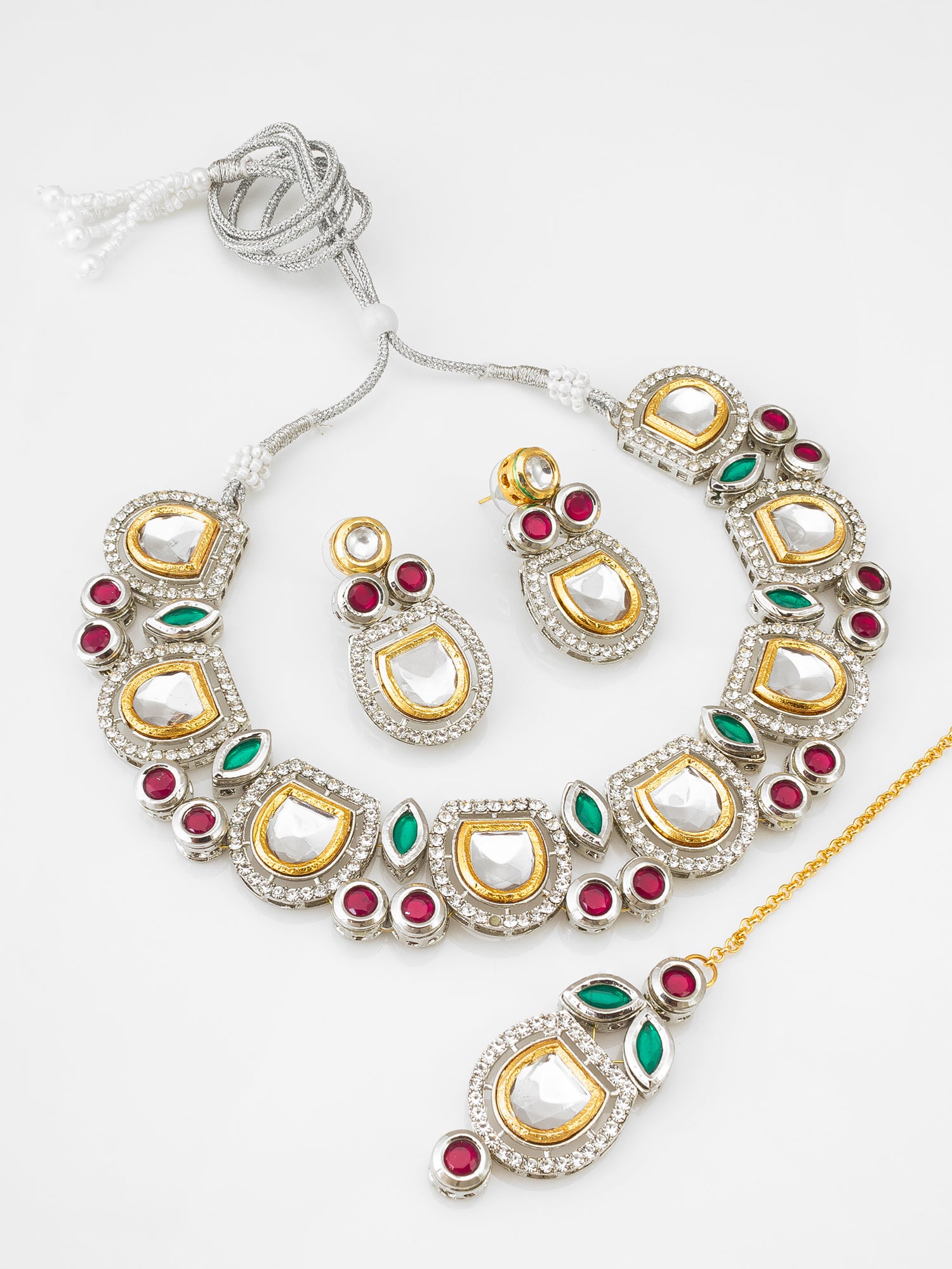 Dual-Tone Polki Kundan Necklace Set with Earrings and Maang Tikka | Aadita Jewelry
