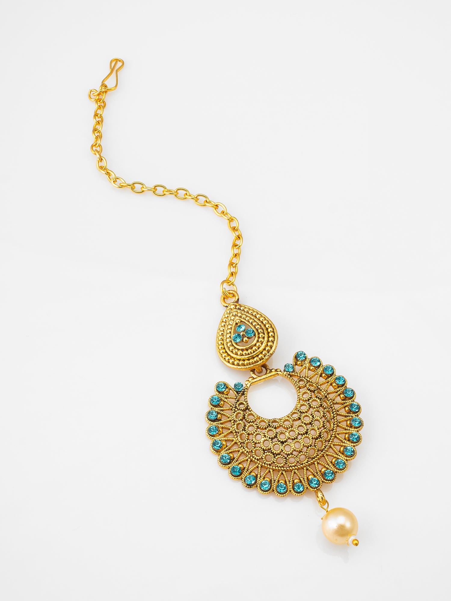 Gold-Plated Chandbali Maang Tikka with Teal Stones and Pearl Drop | Aadita Jewelry