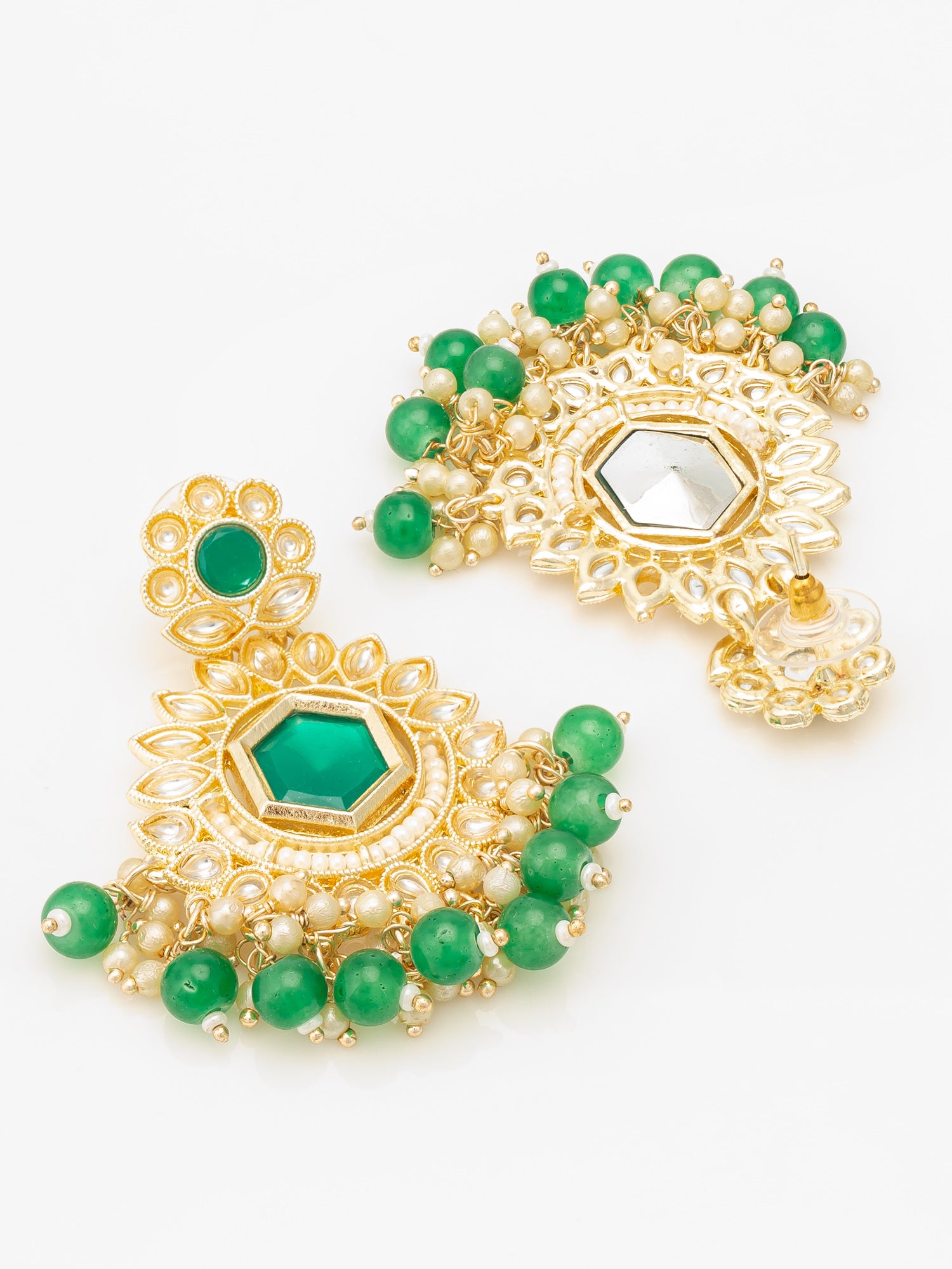 Aadita Green Kundan Chandelier Drop Earrings with Beaded Detailing – View 3 | Aadita Jewelry