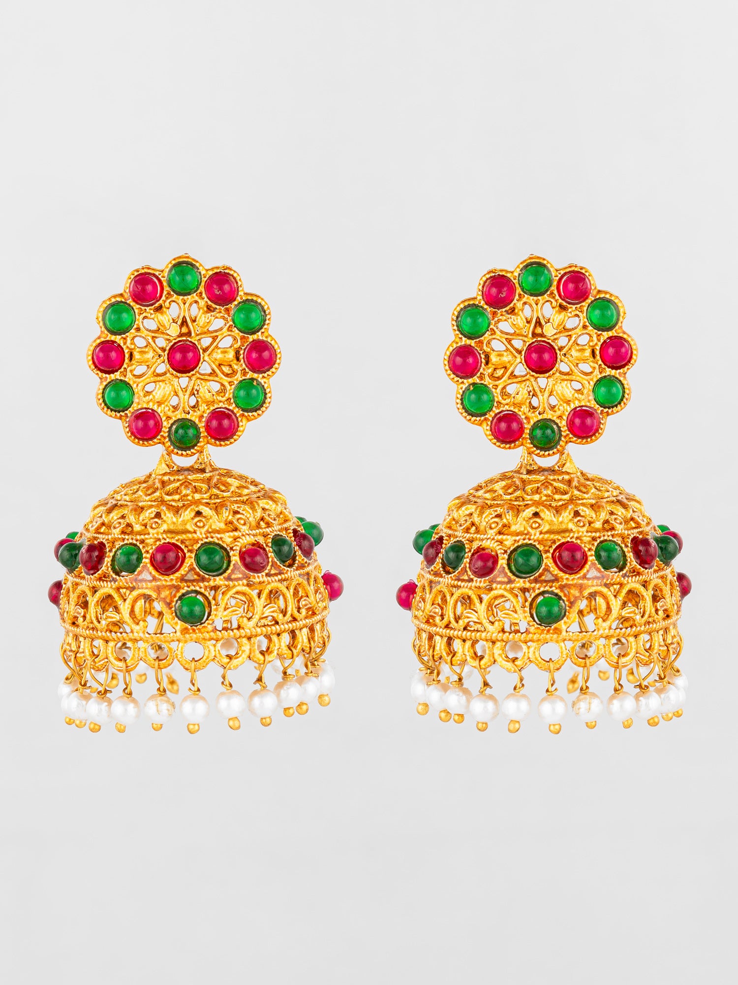 Aadita Gold Plated Traditional Jhumka Earrings with Red and Green Stones | Aadita Jewelry