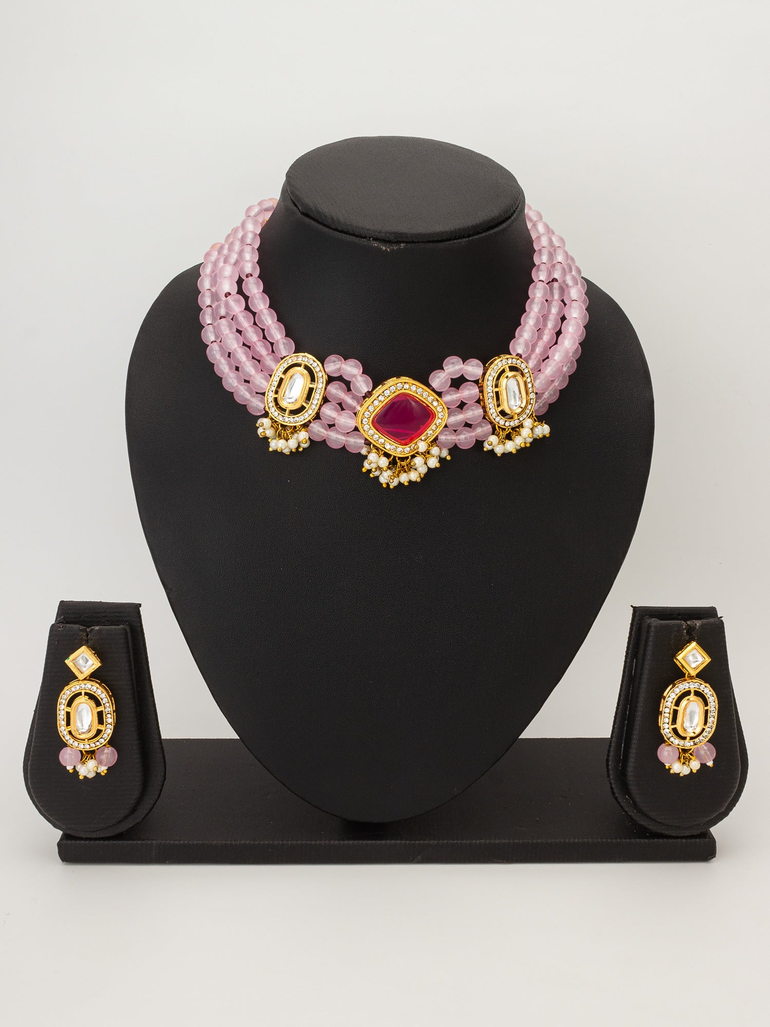 Pink Beaded Kundan Choker Necklace Set with Earrings – View 4 | Aadita Jewelry