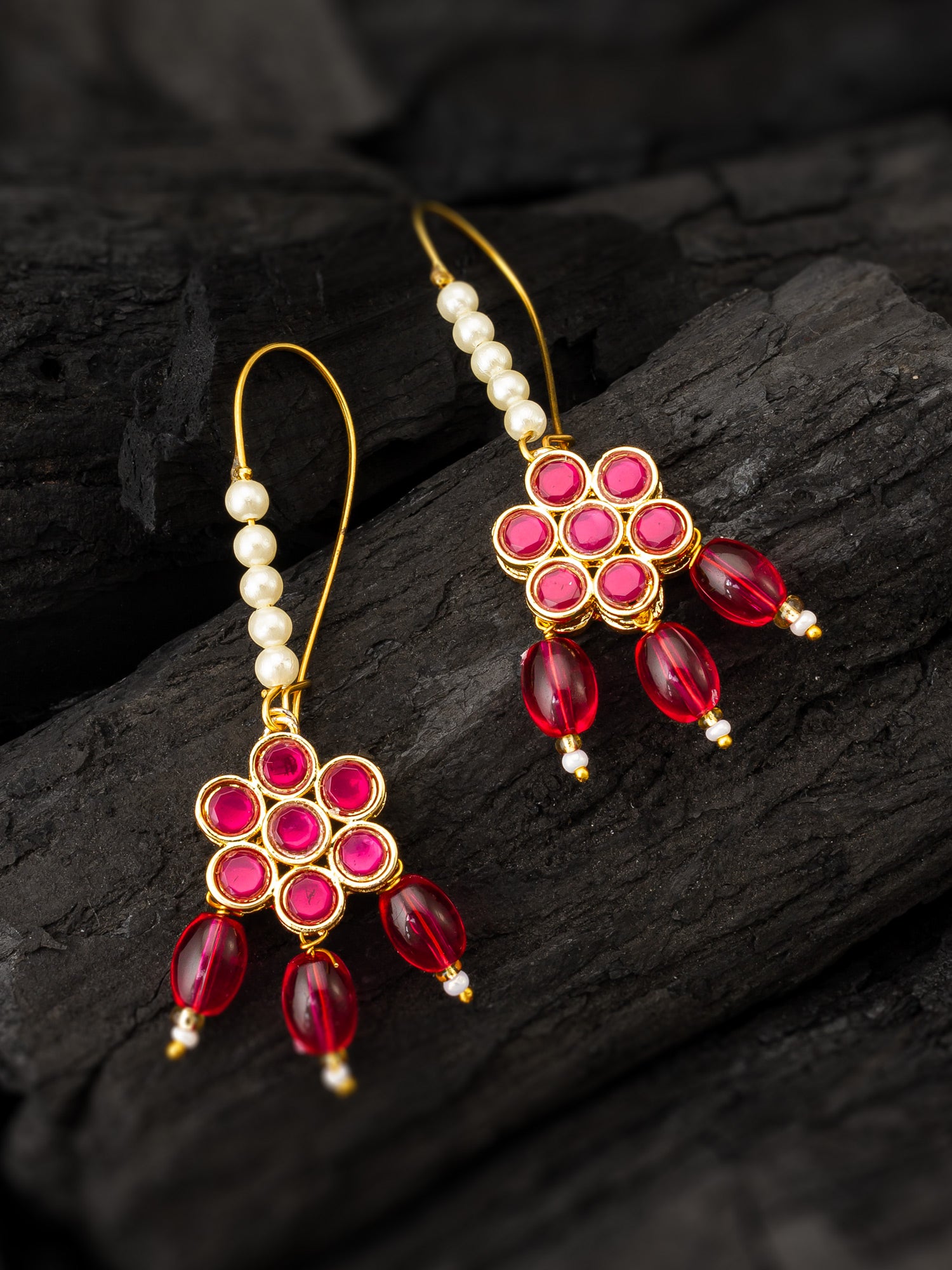 Pink Floral Stone Hook Earrings with Matching Bead Drops and Pearls – View 5 | Aadita Jewelry