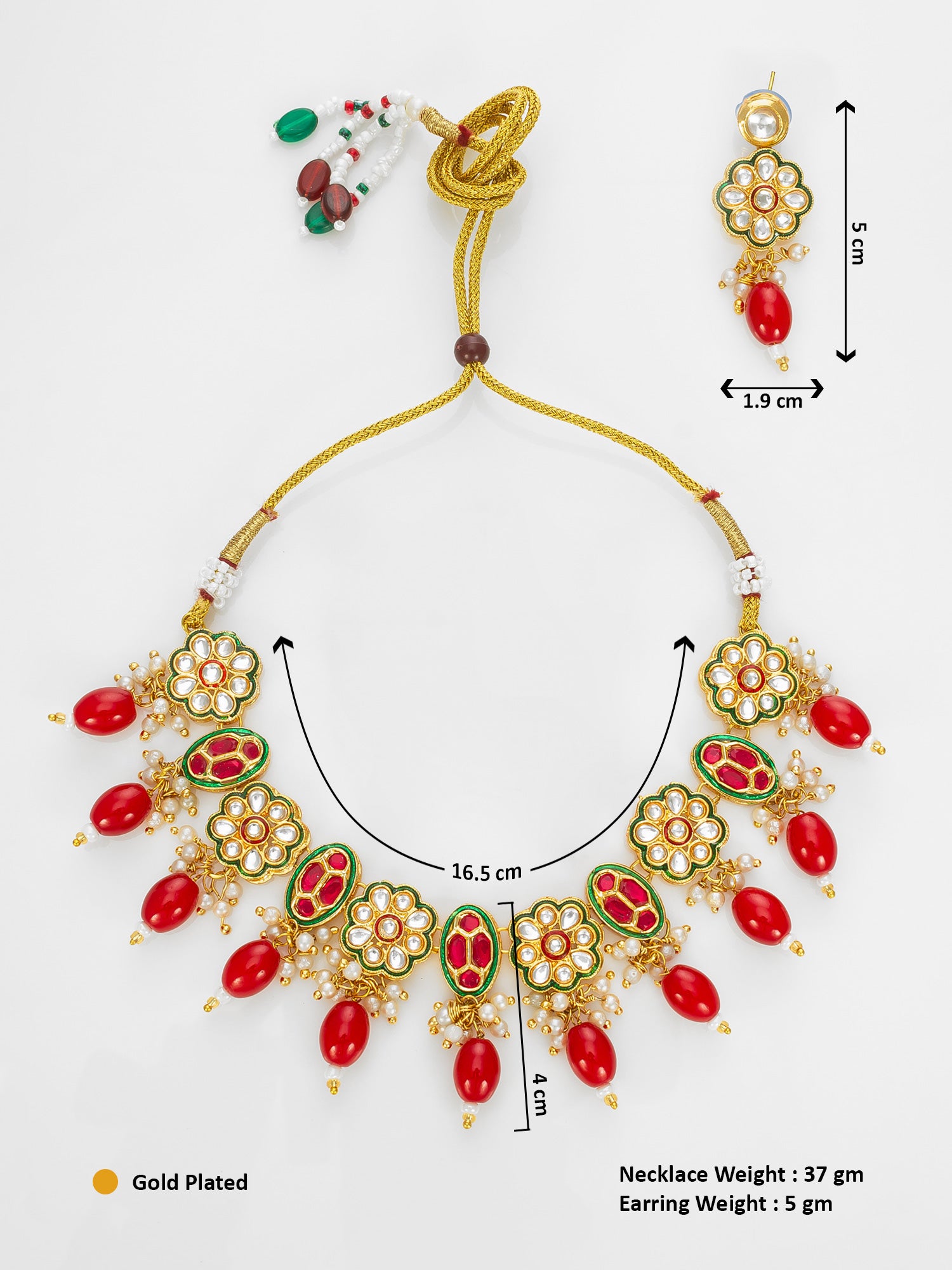 Gold Plated Kundan Floral Necklace Set with Red Beads – View 5 | Aadita Jewelry