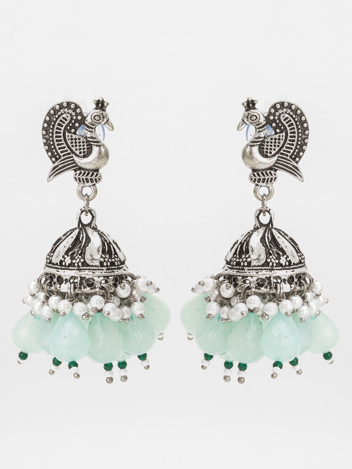 Oxidized Silver Peacock Jhumka Earrings with Mint Green Beads and Pearl | Aadita Jewelry