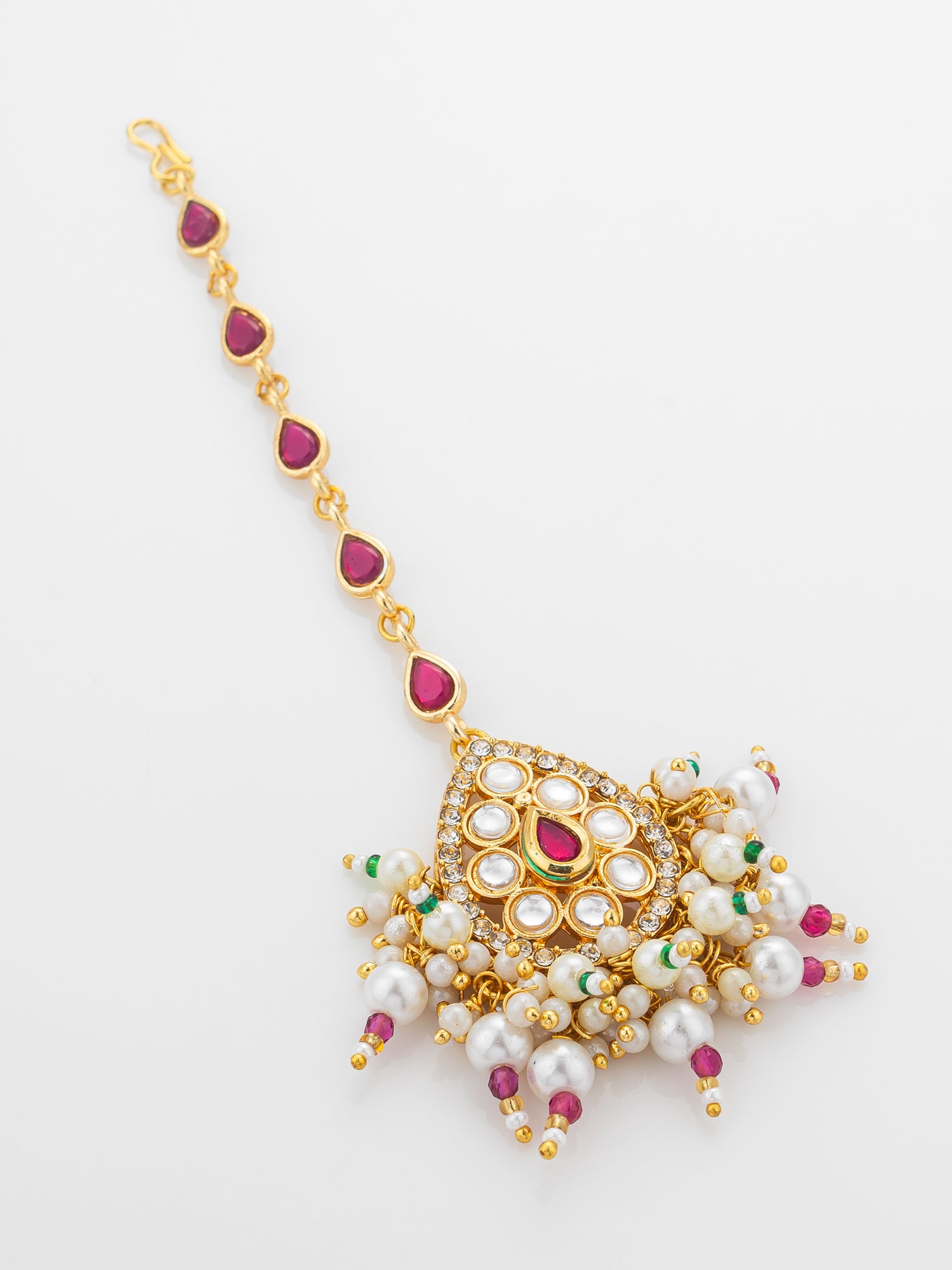 Aadita Gold Plated Ruby Teardrop Chain Mangtika with Kundan Triangle Pendant and Pearl Cluster Fringe – View 2 | Aadita Jewelry
