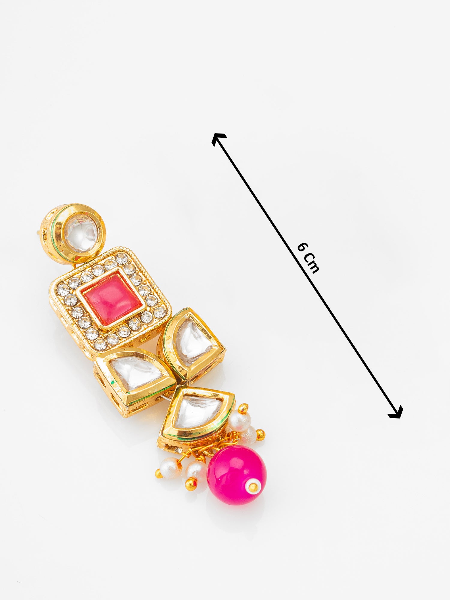 Geometric Gold-Plated Kundan Long Drop Earrings with Pink Accents and Pearl Beads – View 3 | Aadita Jewelry