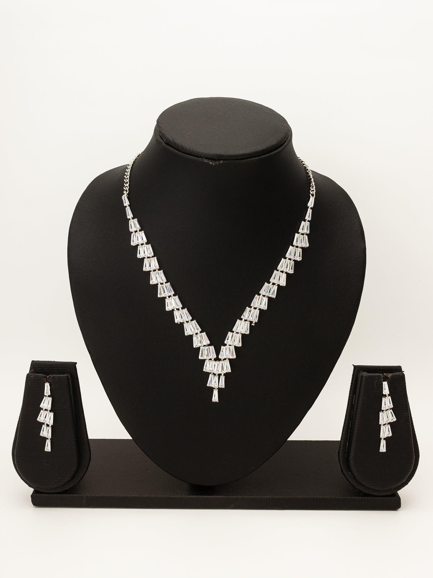 Layered Baguette Drop AD Necklace Set With Earrings – View 4 | Aadita Jewelry
