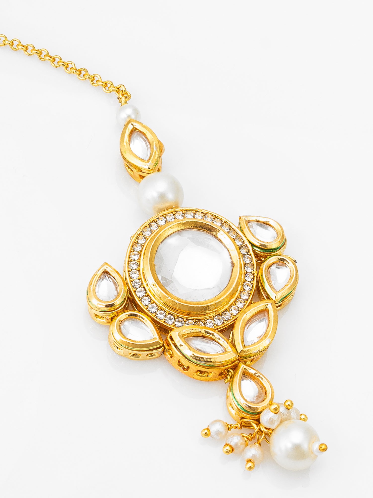 Gold-Plated Kundan Maang Tikka with Stone and Pearl Cluster Drop – View 3 | Aadita Jewelry