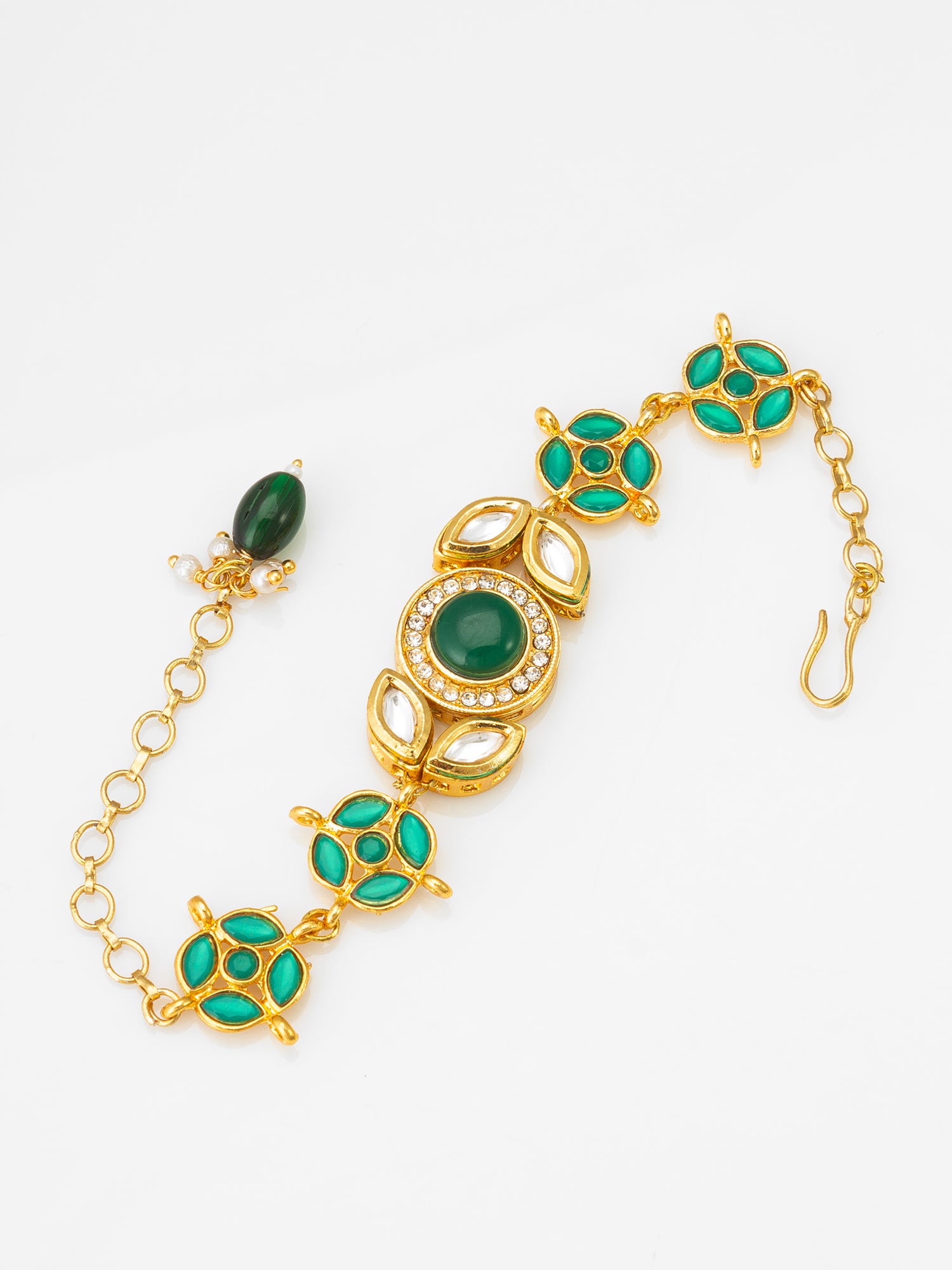 Gold-Plated Emerald Green Kundan Bracelet with Pearl Drop – View 3 | Aadita Jewelry