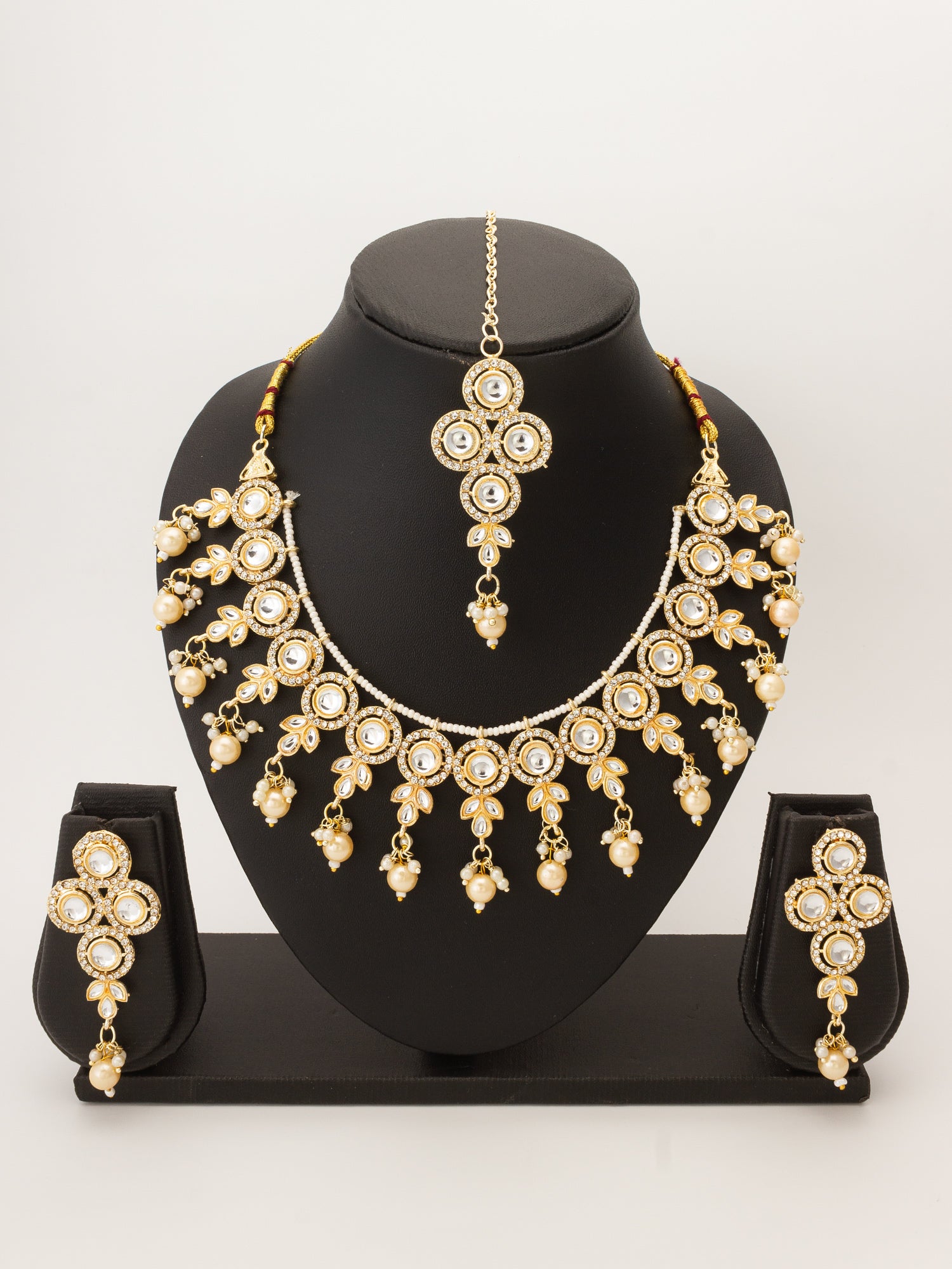 Pearl Kundan Choker Necklace Set with Classic Drops Earrings – View 4 | Aadita Jewelry