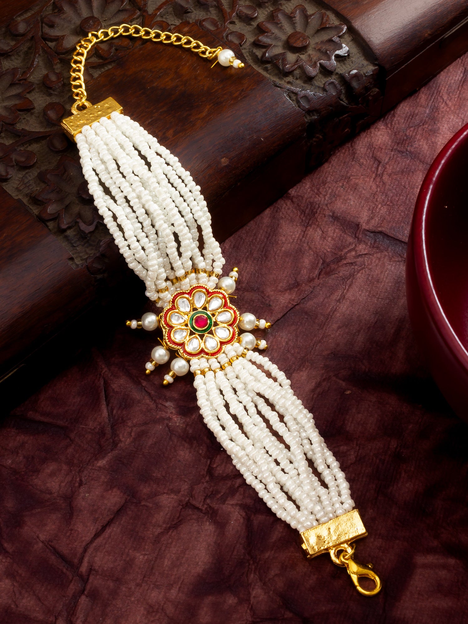 Red Floral Motif Pearl Bracelet – View 5 | Aadita Jewelry