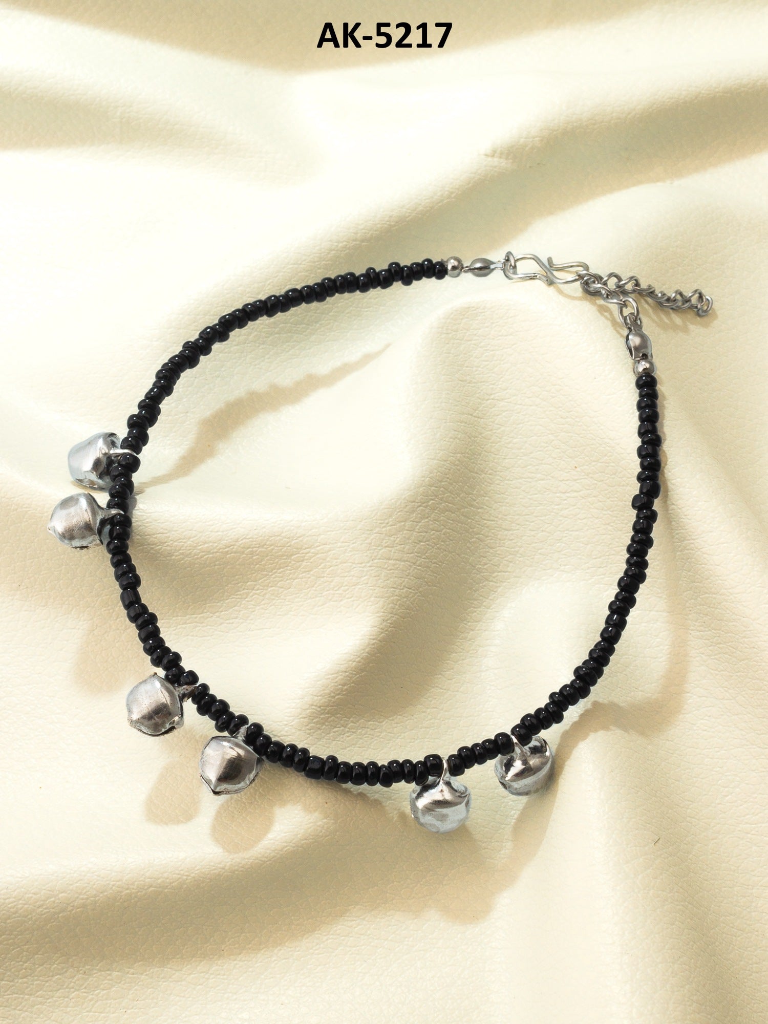 Black Seed Bead Anklet with Silver-Tone Ghungroo Bell Charms – View 5 | Aadita Jewelry