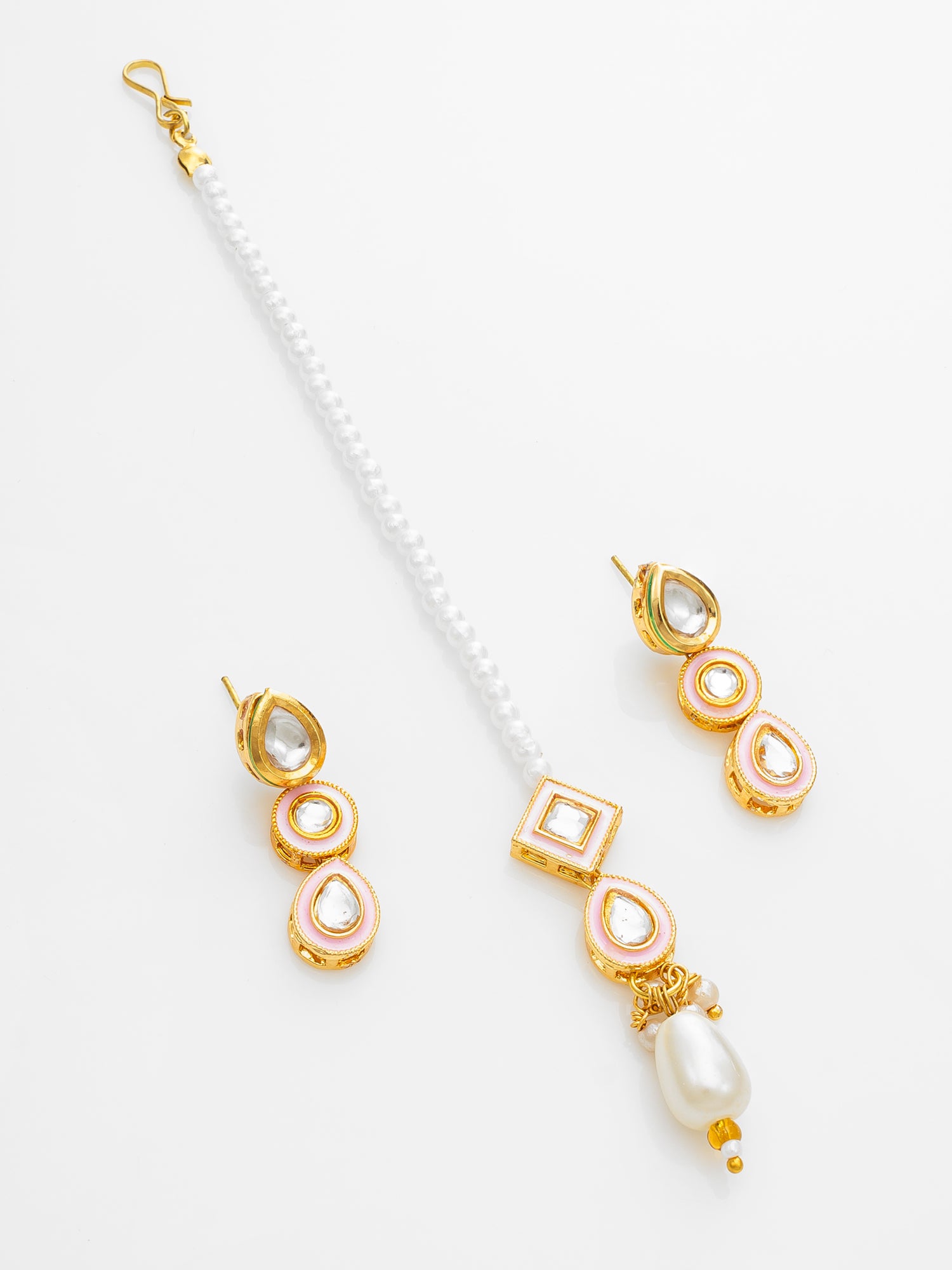 White Kundan Pearl Bridal Necklace Set with Maang Tikka – View 2 | Aadita Jewelry