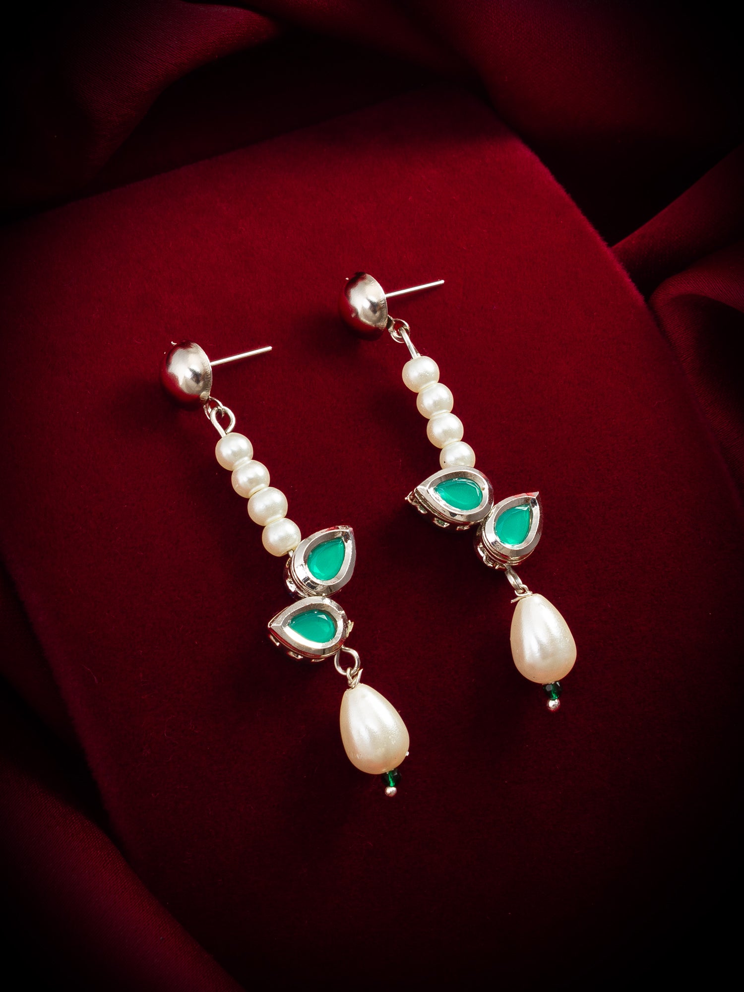 Elegant Silver Plated Green Stone and Pearl Drop Earrings – View 4 | Aadita Jewelry