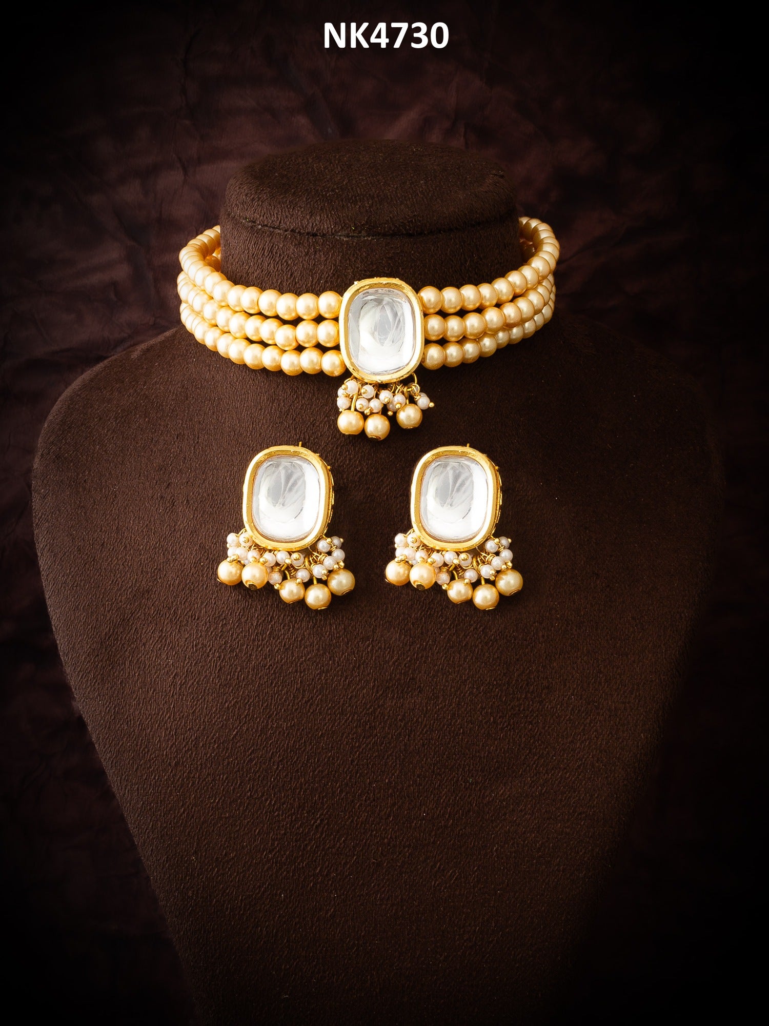 Gold-Toned Kundan Beaded Choker Necklace Set with Earrings – View 5 | Aadita Jewelry