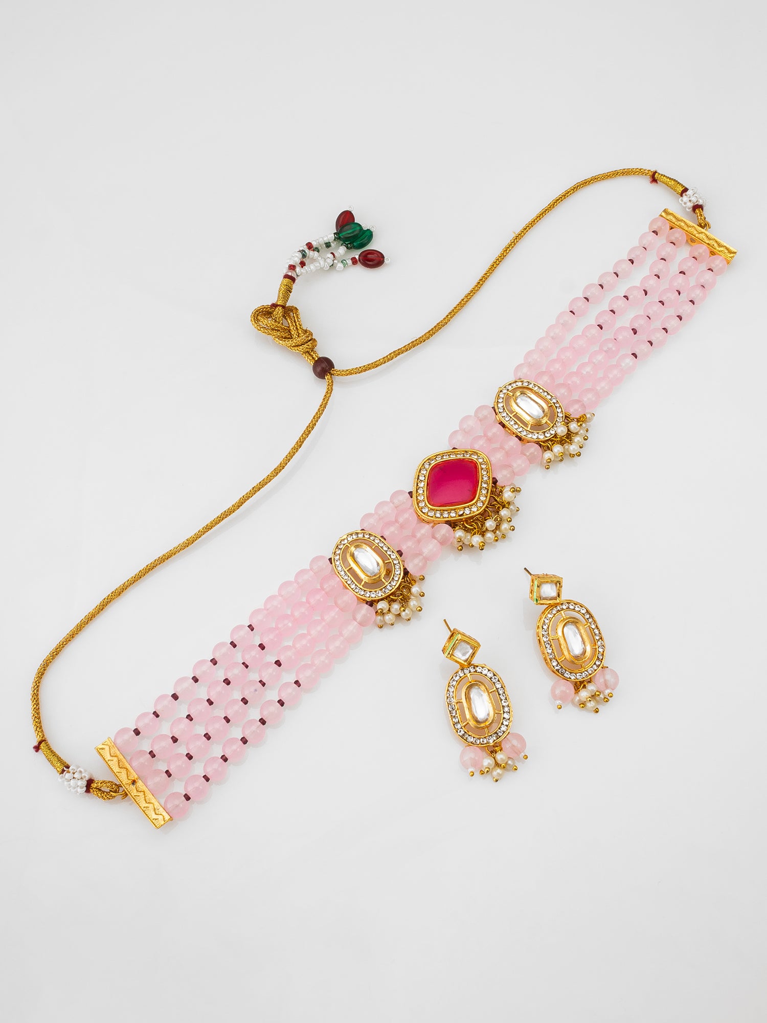 Pink Beaded Kundan Choker Necklace Set with Earrings | Aadita Jewelry