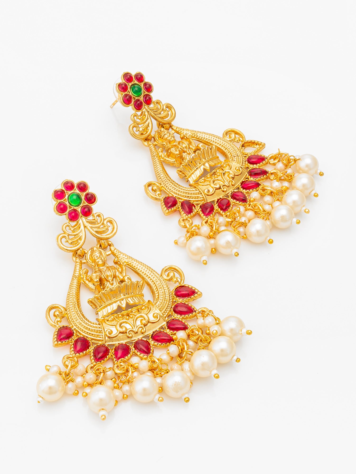 Aadita Temple Style Gold Plated Pink & Green Chandelier Jhumka Earrings – View 2 | Aadita Jewelry