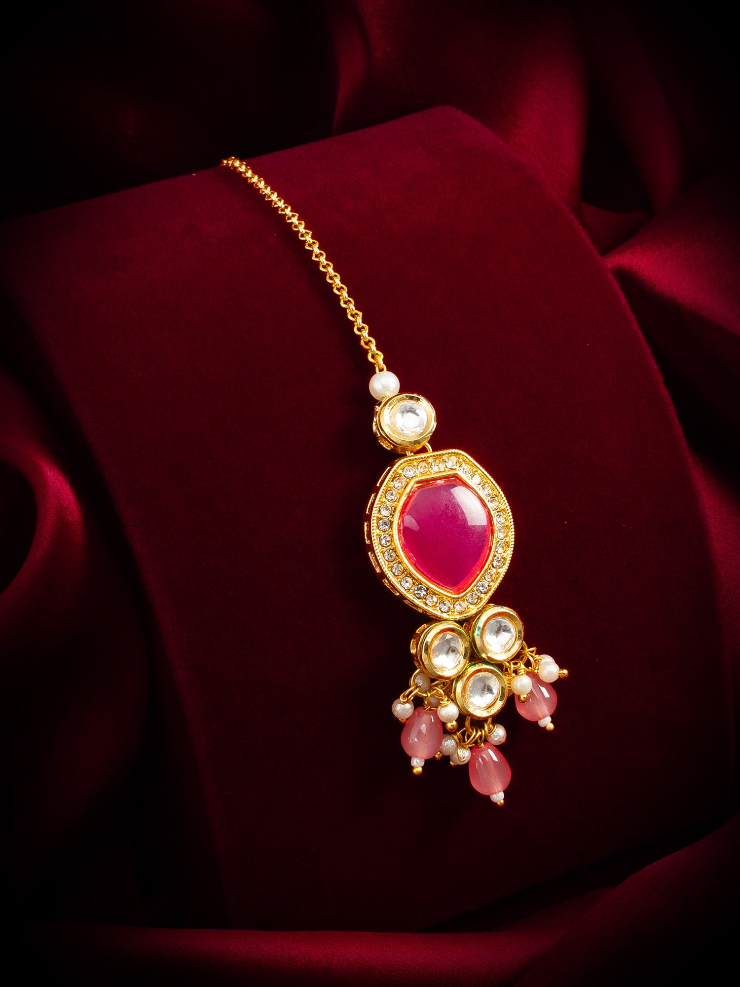 Gold-Plated Pink Kundan Maang Tikka with Crystal Bead Drops – View 5 | Aadita Jewelry