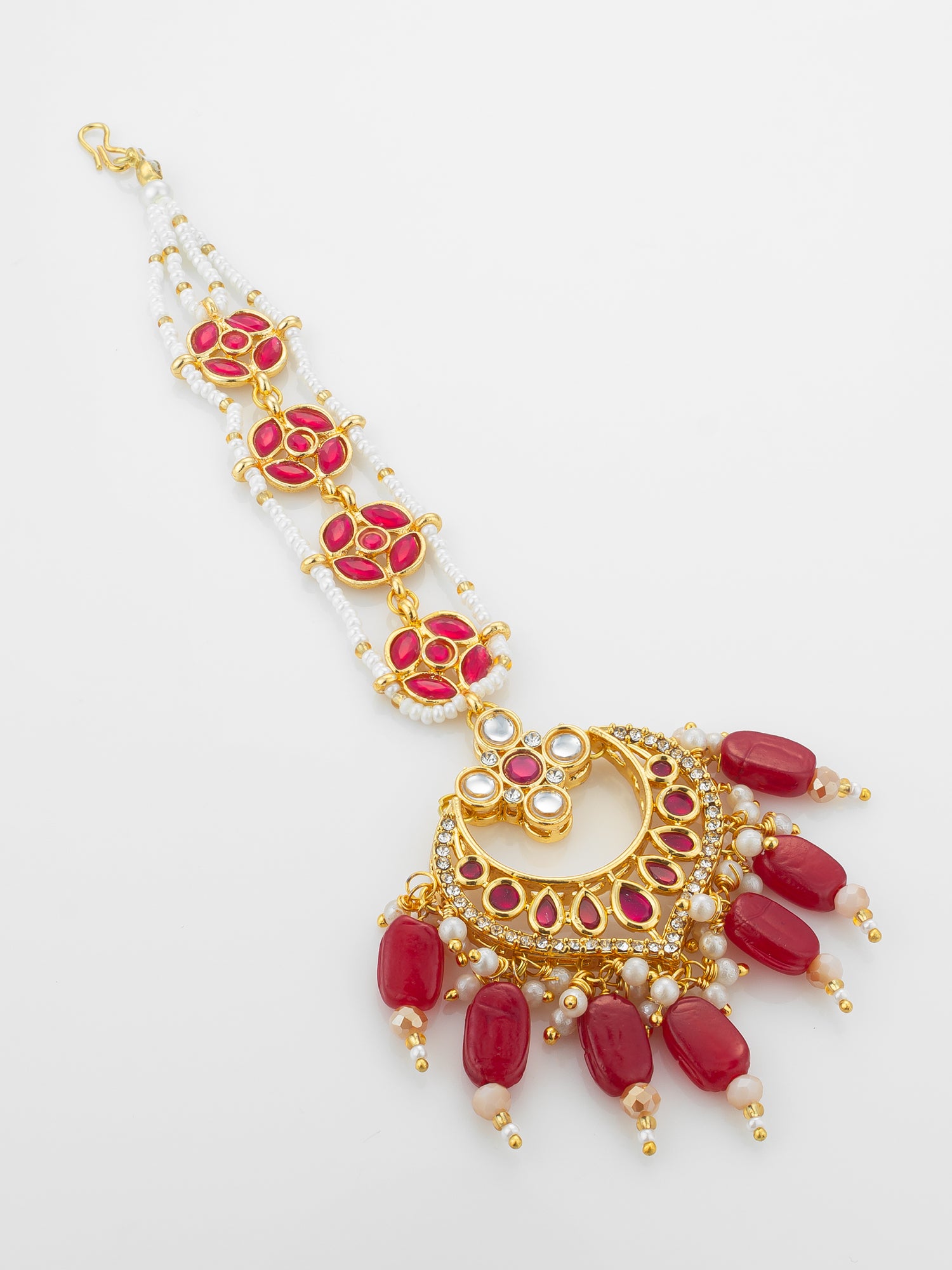 Aadita Gold Plated Kundan Chandbali Maang Tikka with Ruby Red Beads and Pearl Chain – View 2 | Aadita Jewelry