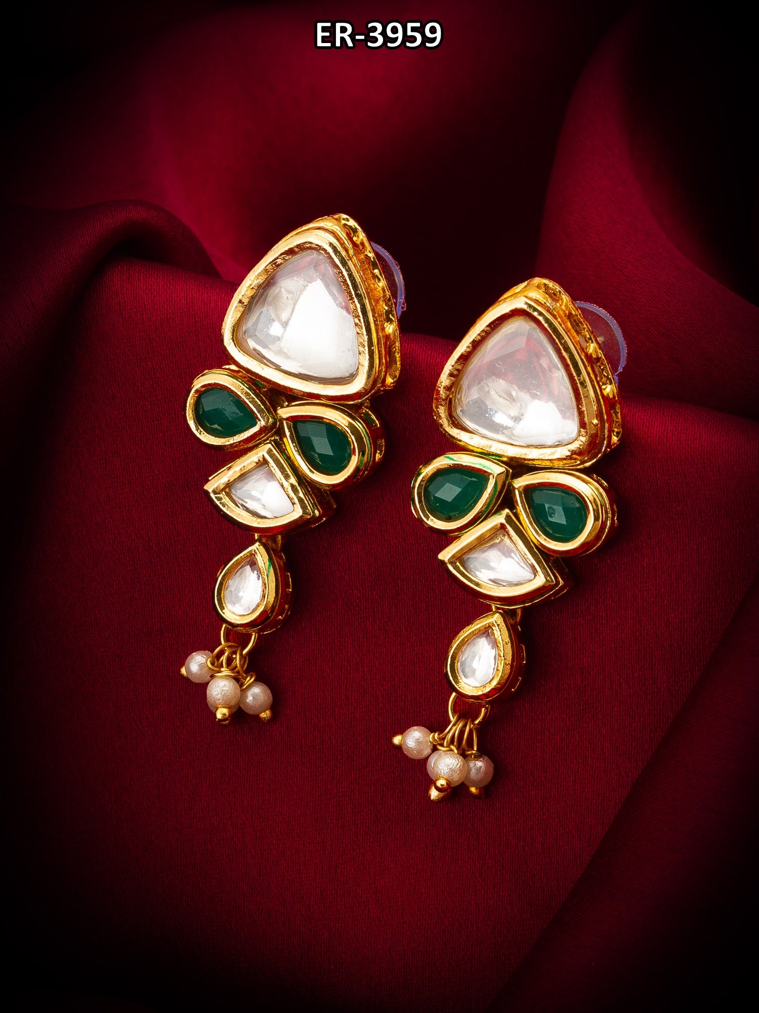 Gold-Toned Kundan and Green Stone Drop Earrings with Pearl – View 5 | Aadita Jewelry