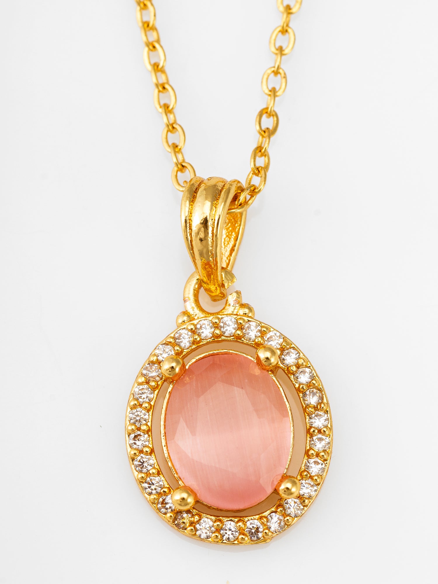 Gold-Tone Oval Pink Stone AD Pendant Necklace – View 2 | Aadita Jewelry