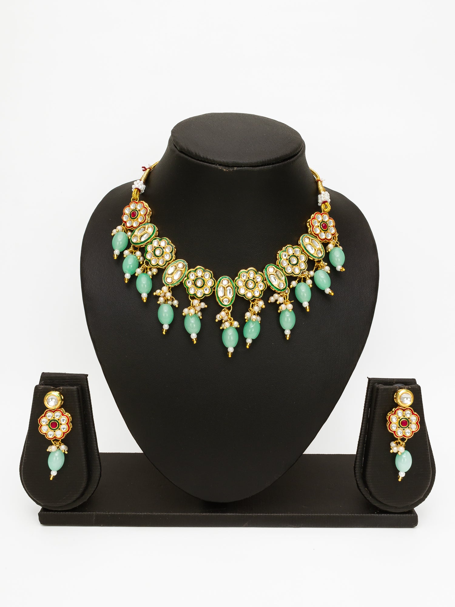 Gold Plated Mint Green Kundan Necklace Set for Women – View 4 | Aadita Jewelry