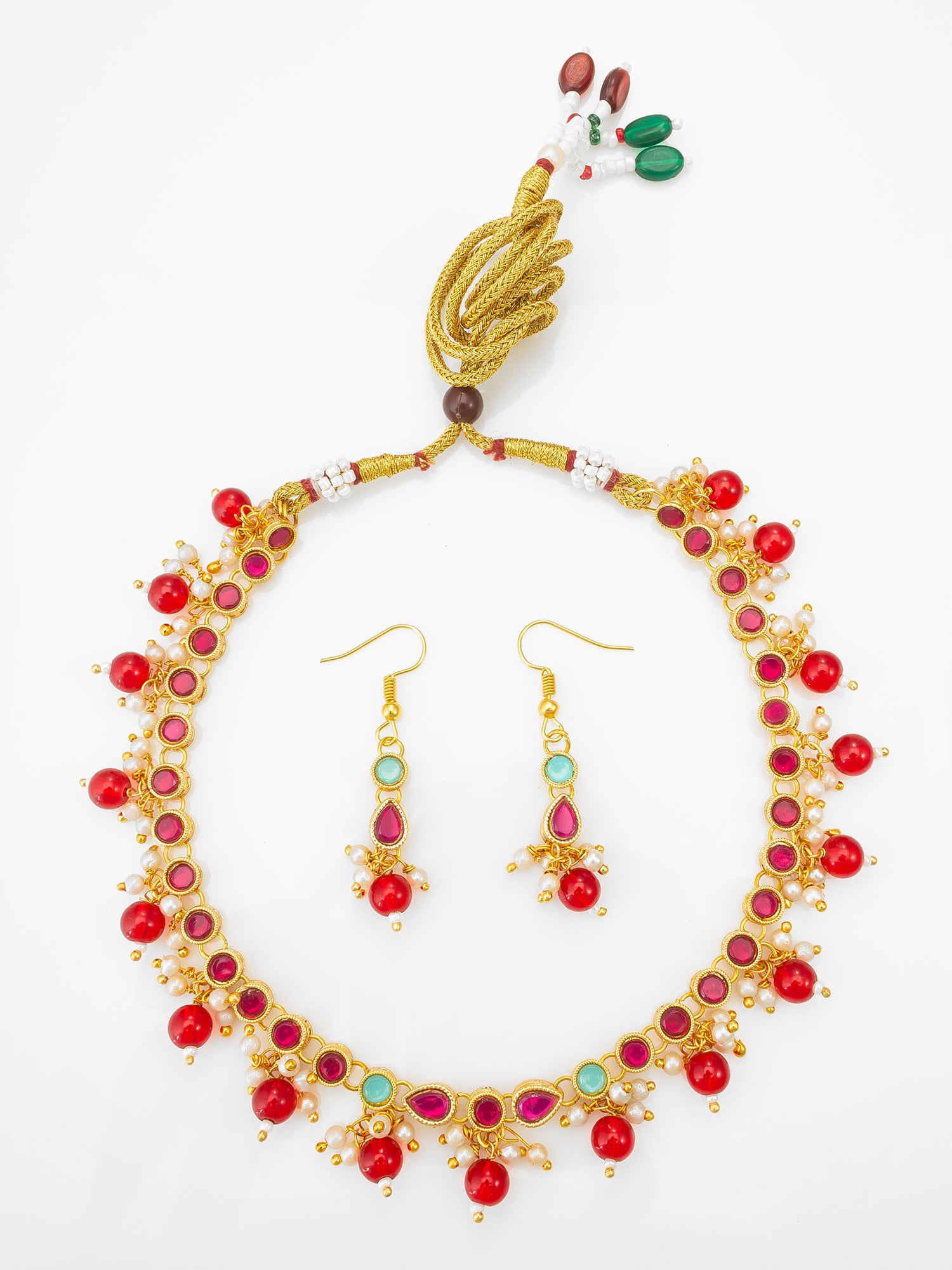 Gold-Plated Red Beaded Kundan Choker Necklace Set for Women & Girls | Aadita Jewelry