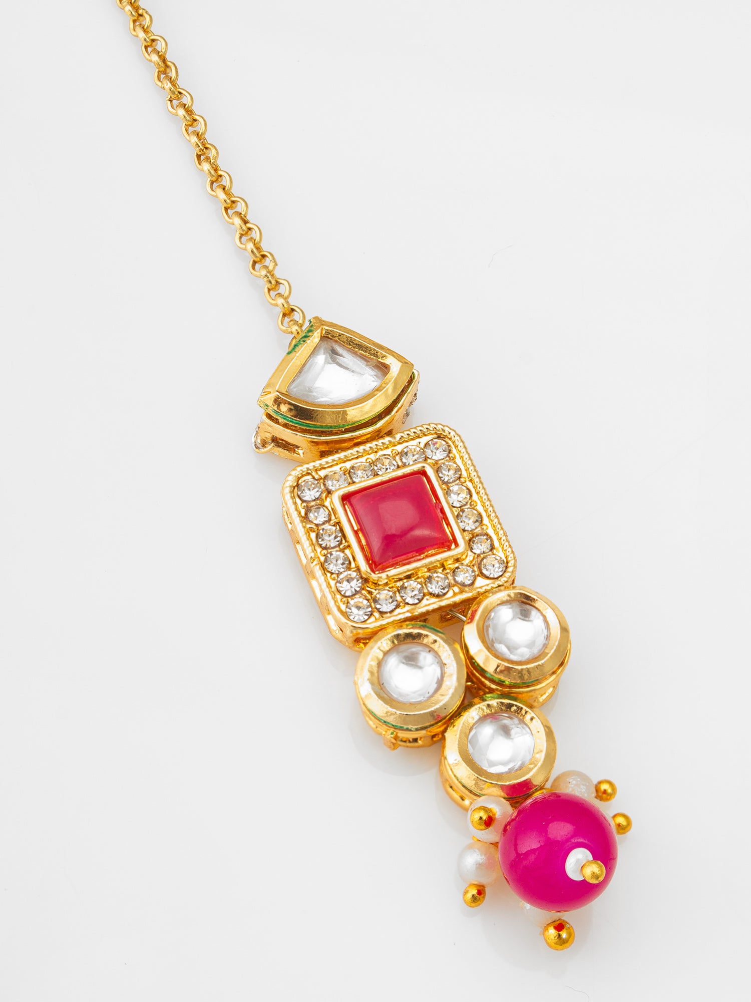 Gold-Plated Kundan Maang Tikka with Pink Stone and AD – View 2 | Aadita Jewelry